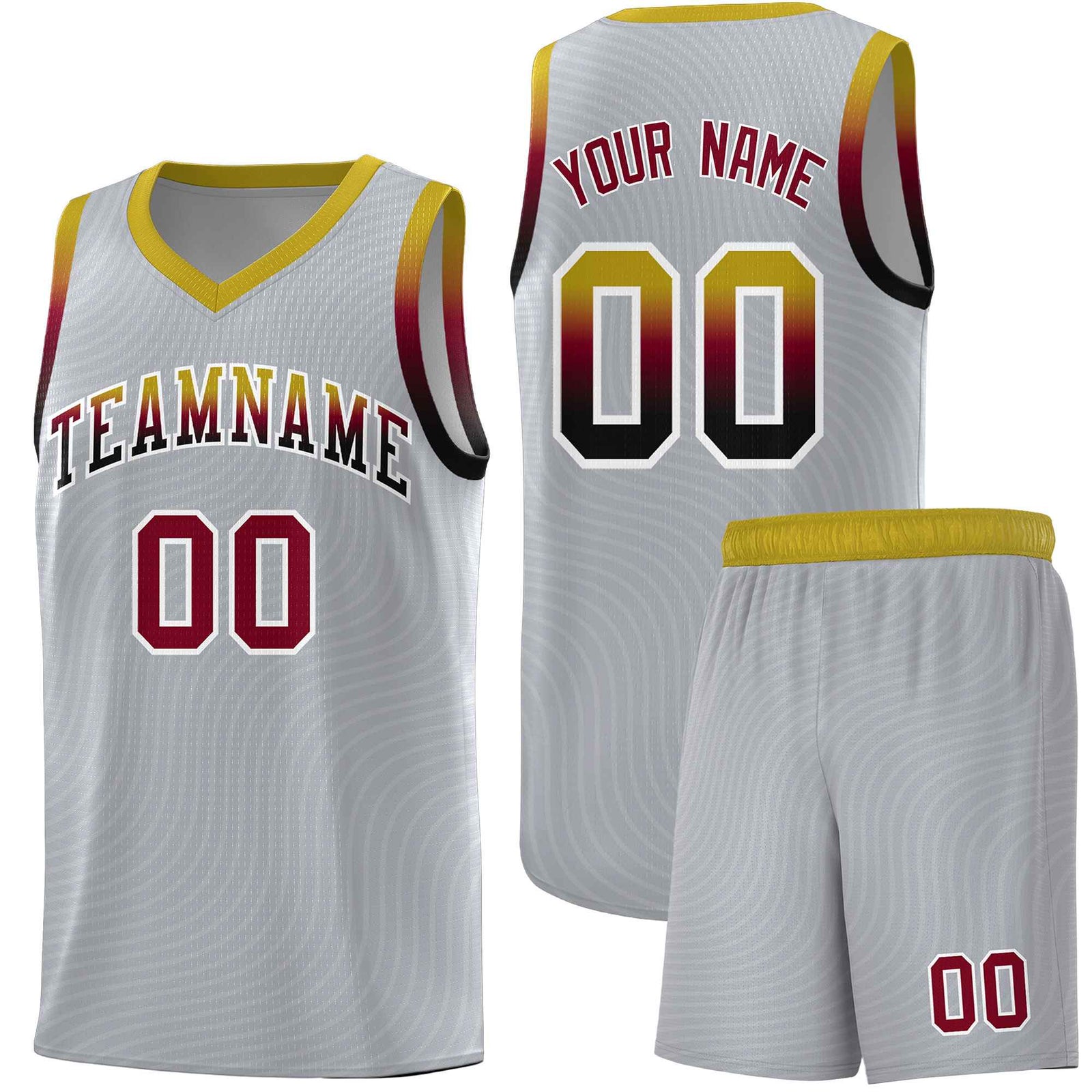 Custom Gray Old Gold Wave Pattern Sports Uniform Basketball Kits