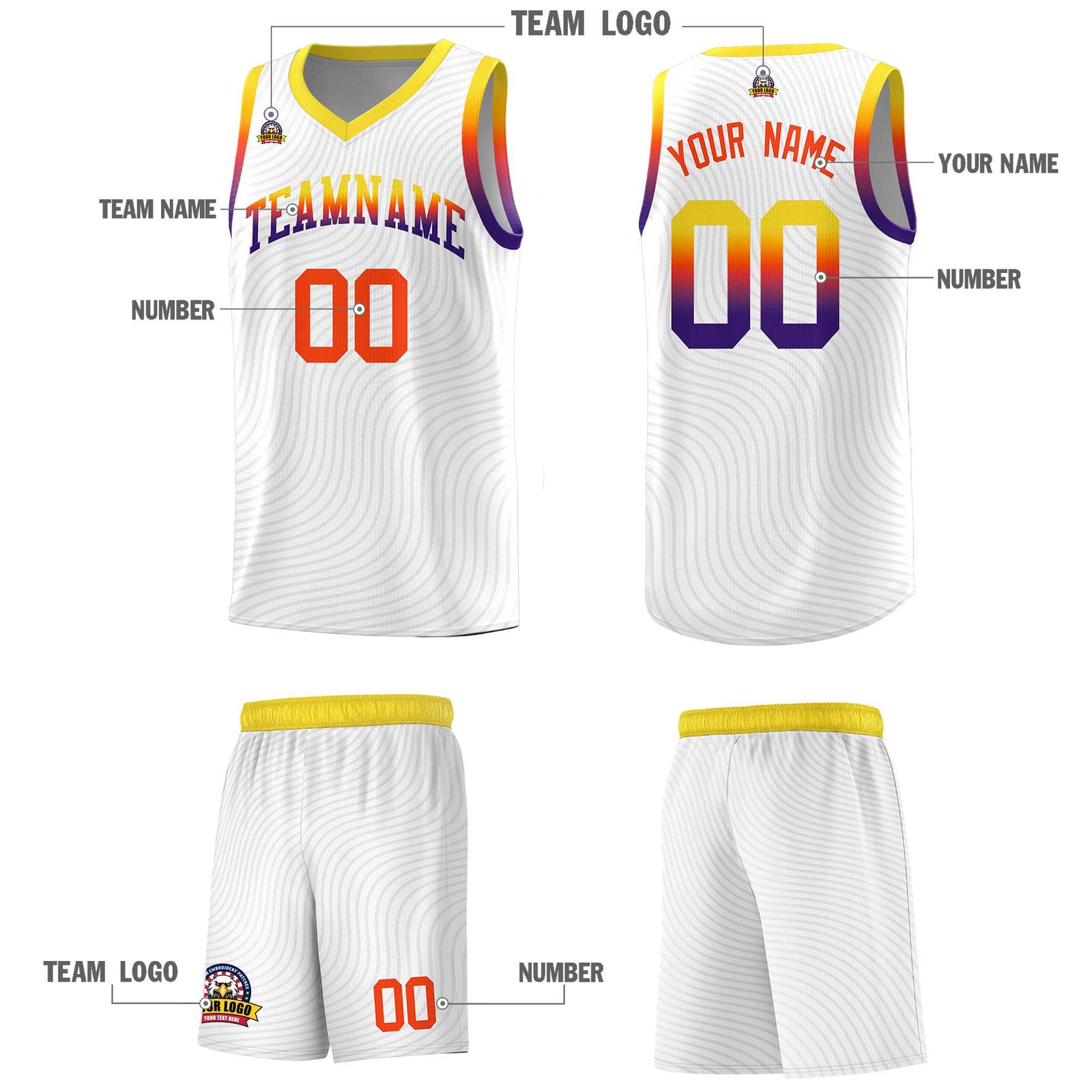 Custom White Gold Wave Pattern Sports Uniform Basketball Kits
