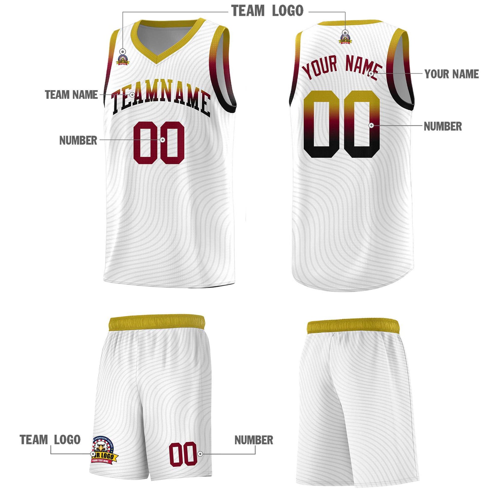Custom White Old Gold Wave Pattern Sports Uniform Basketball Kits