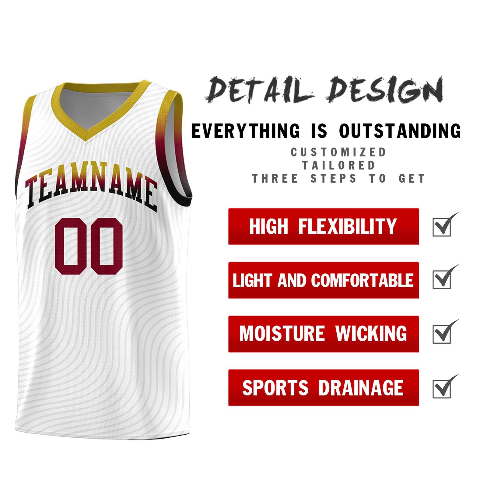 Custom White Old Gold Wave Pattern Sports Uniform Basketball Kits