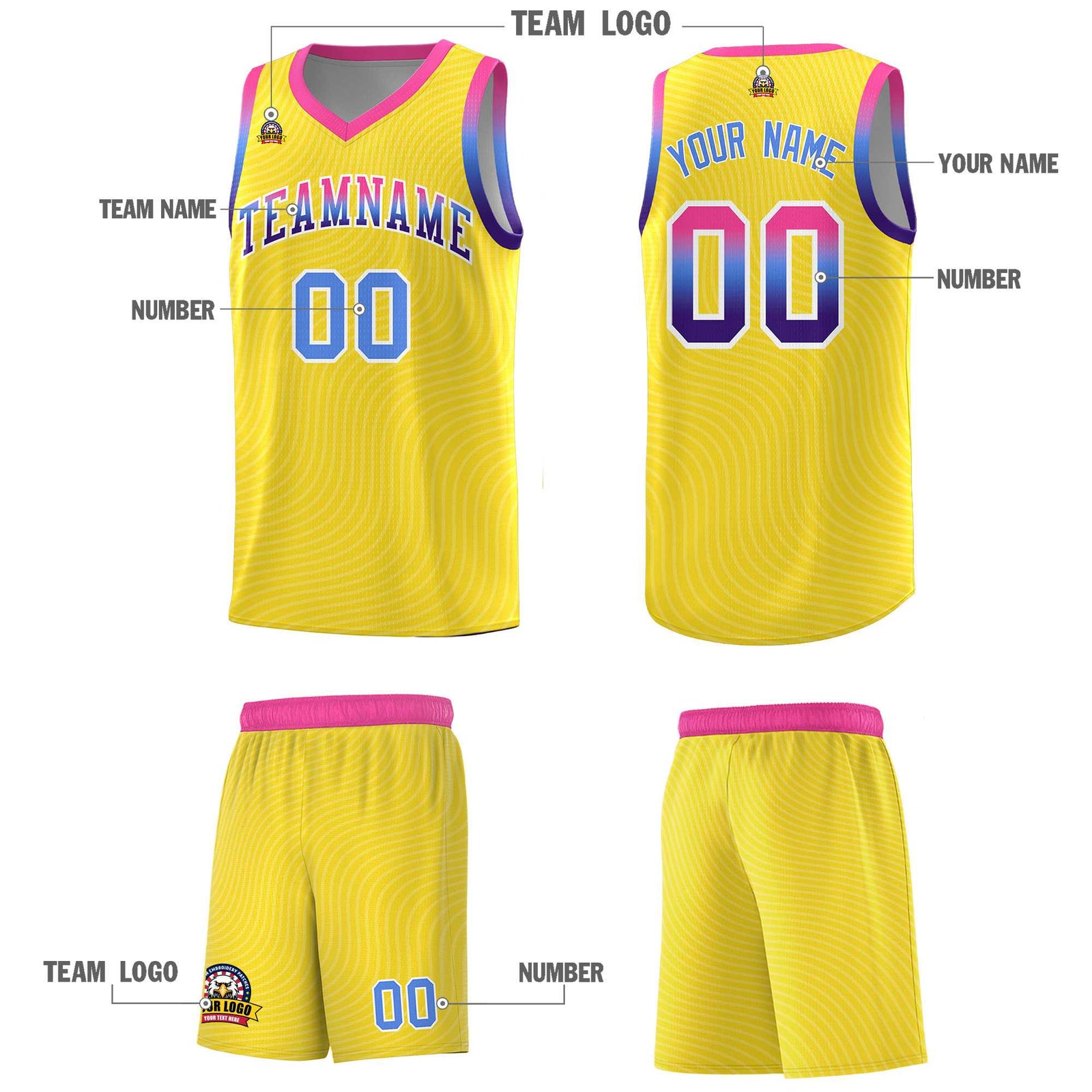 Custom Gold Pink Wave Pattern Sports Uniform Basketball Kits