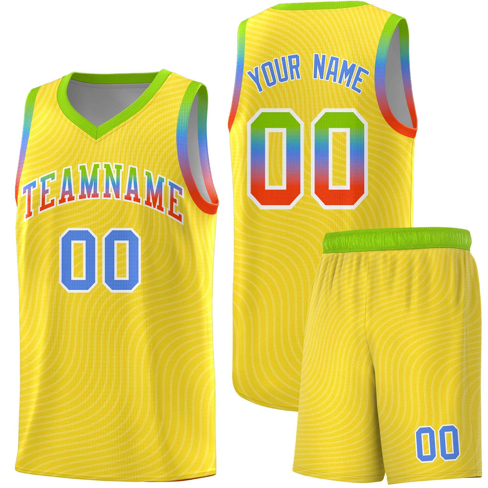 Custom Gold Neon Green Wave Pattern Sports Uniform Basketball Kits