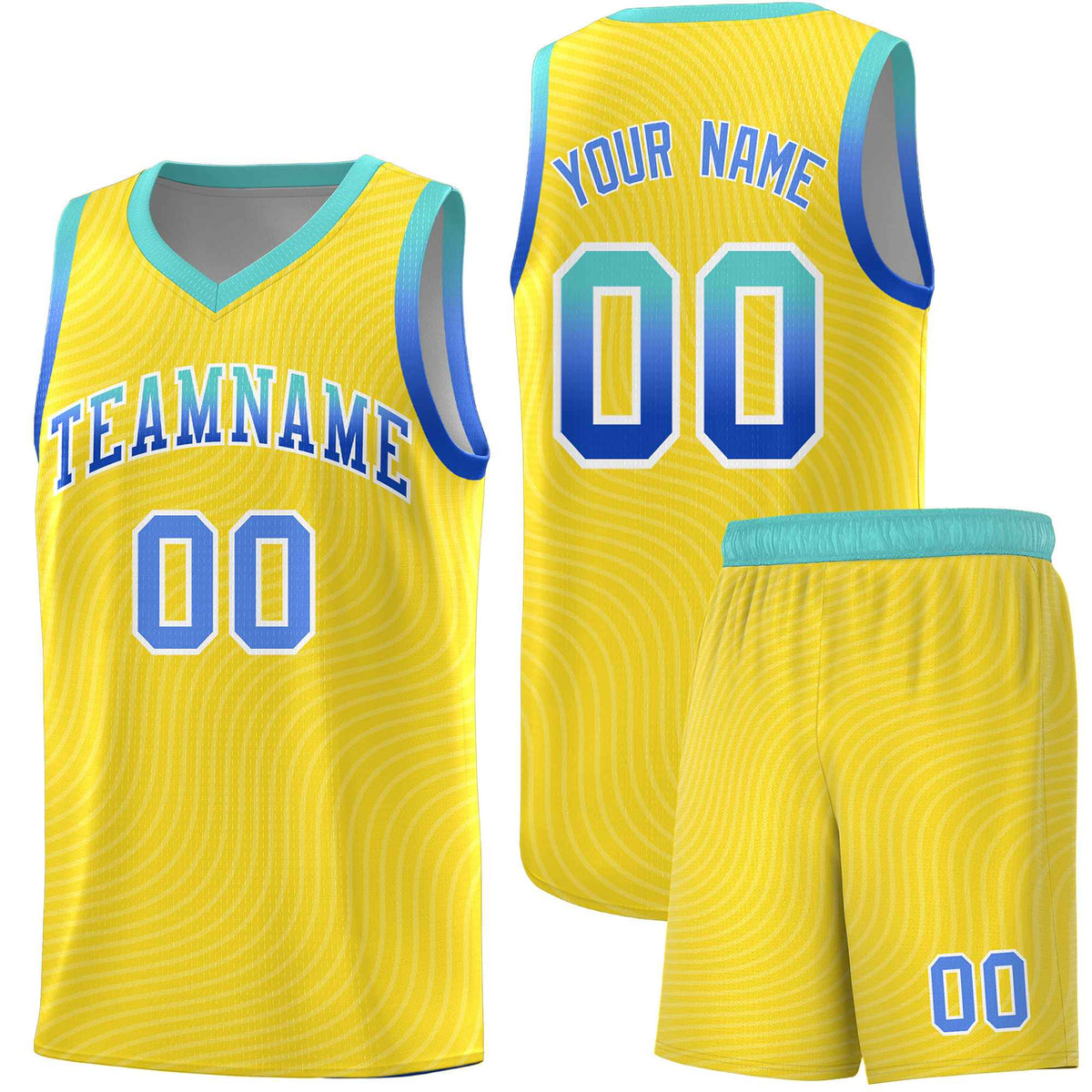Custom Gold Bright Green Wave Pattern Sports Uniform Basketball Kits