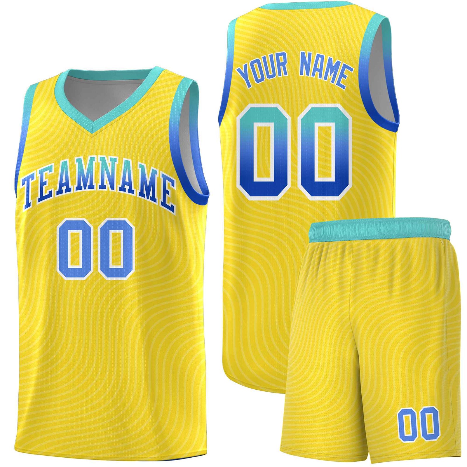 Custom Gold Bright Green Wave Pattern Sports Uniform Basketball Kits