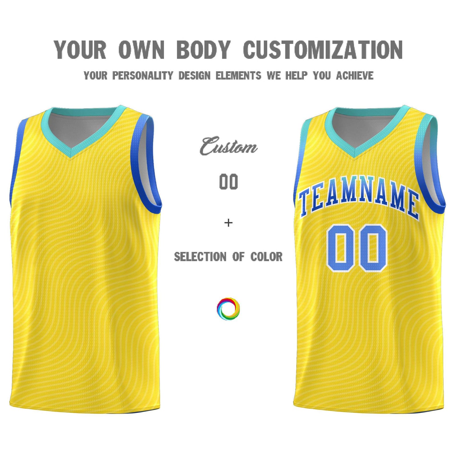 Custom Gold Bright Green Wave Pattern Sports Uniform Basketball Kits