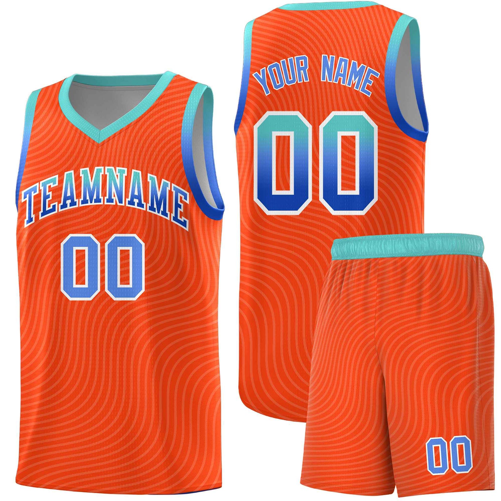 Custom Orange Bright Green Wave Pattern Sports Uniform Basketball Kits