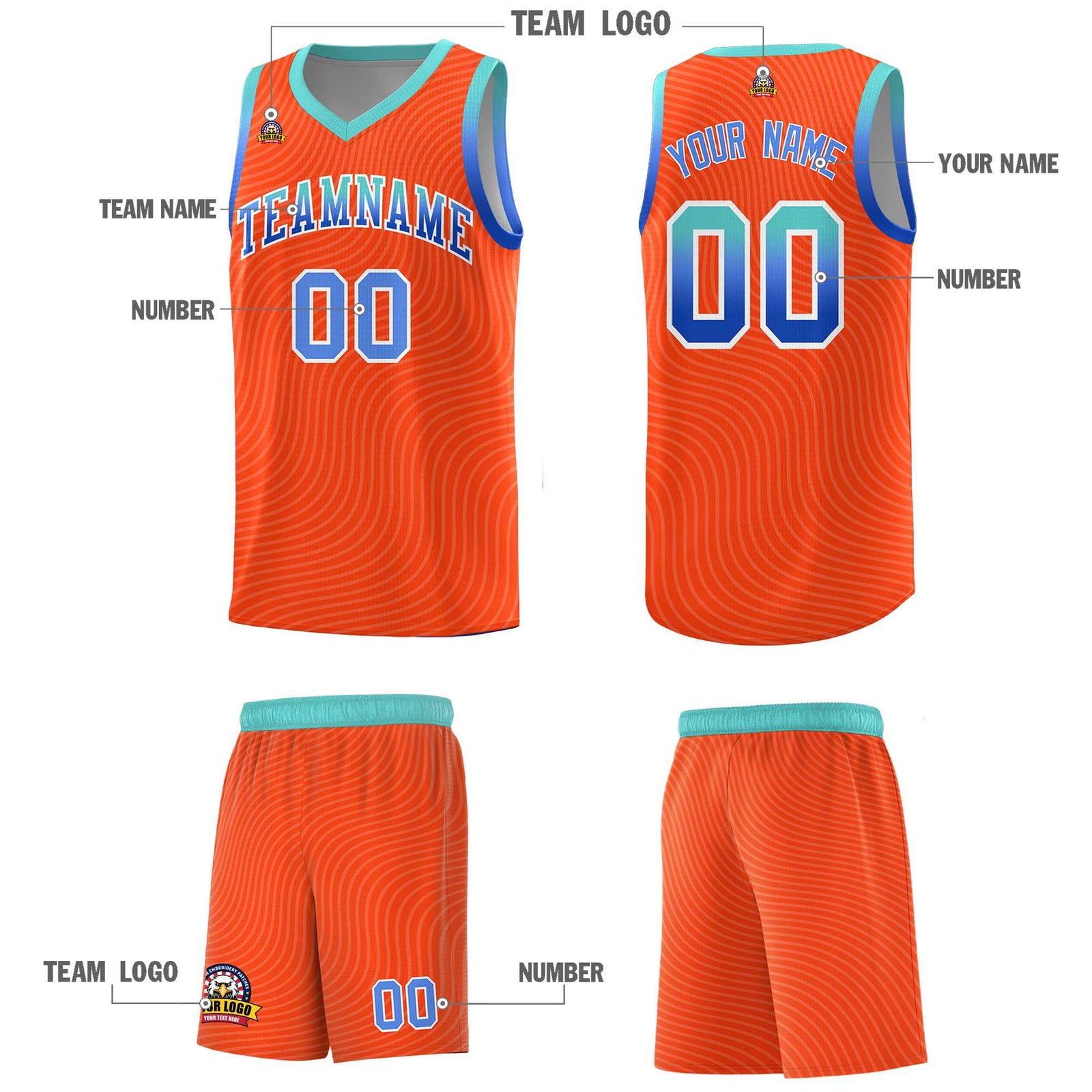 Custom Orange Bright Green Wave Pattern Sports Uniform Basketball Kits
