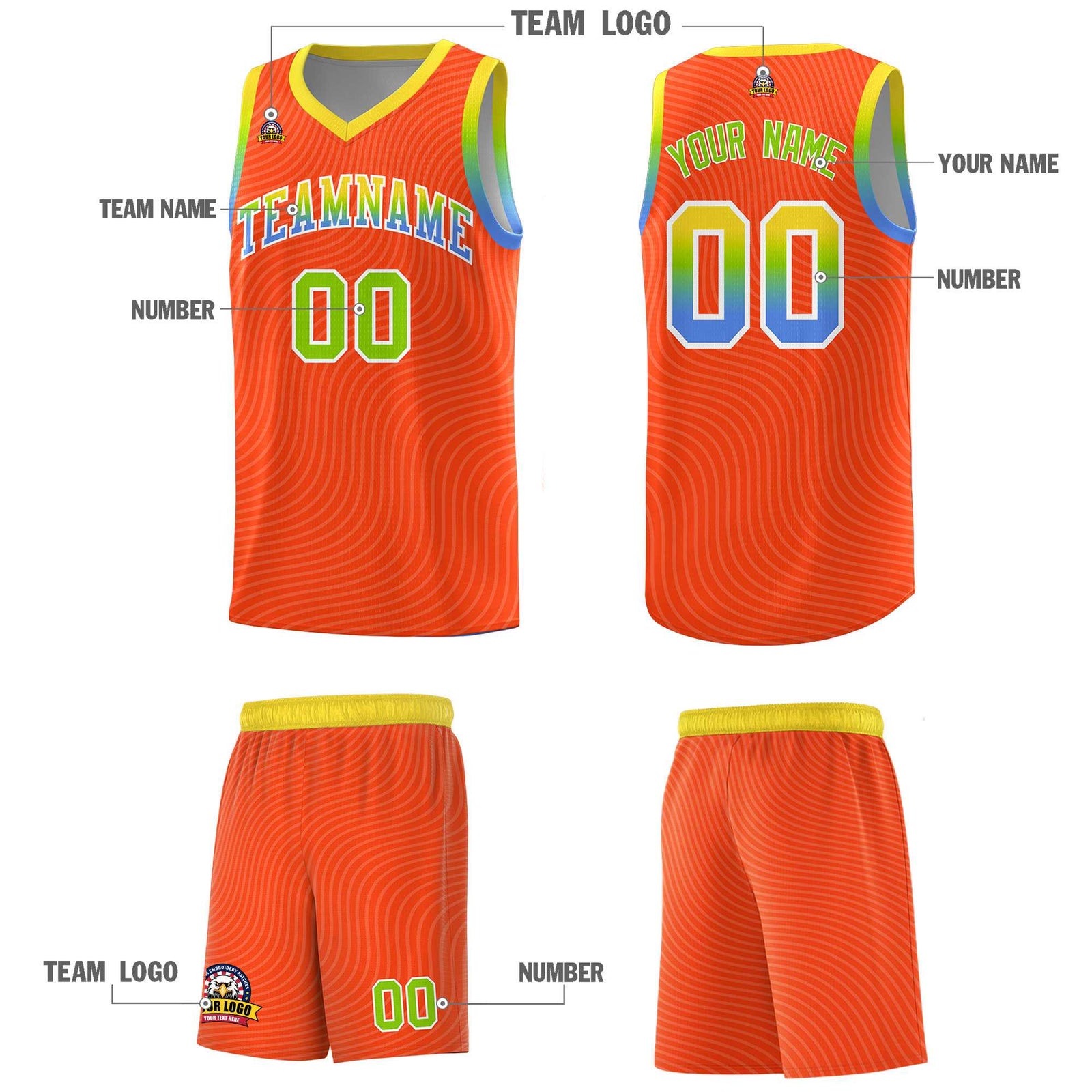 Custom Orange Gold Wave Pattern Sports Uniform Basketball Kits