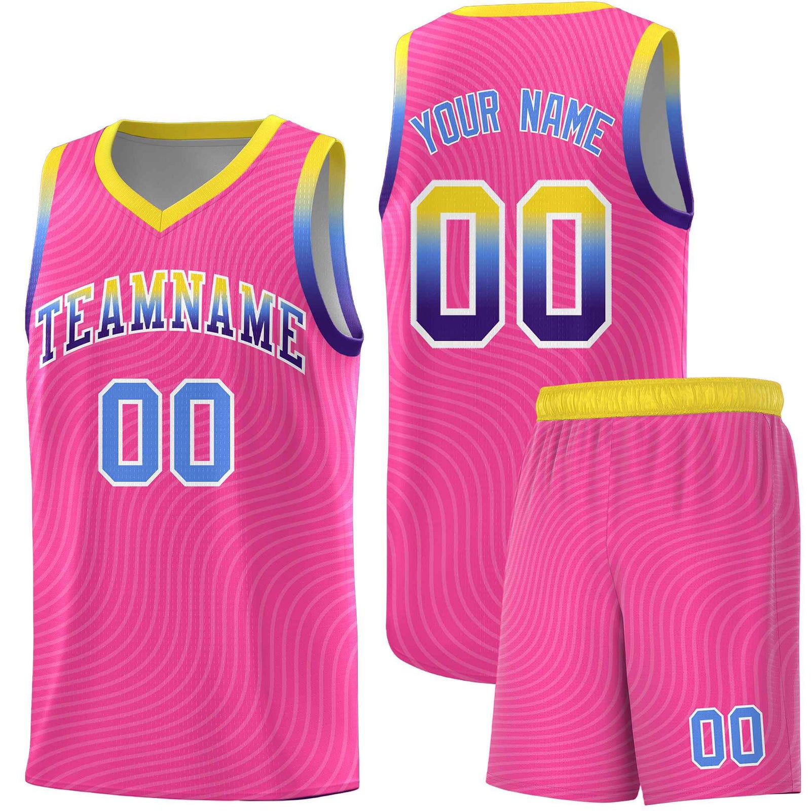 Custom Pink Gold Wave Pattern Sports Uniform Basketball Kits