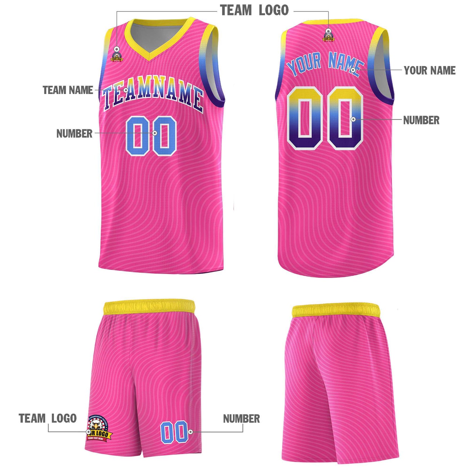 Custom Pink Gold Wave Pattern Sports Uniform Basketball Kits