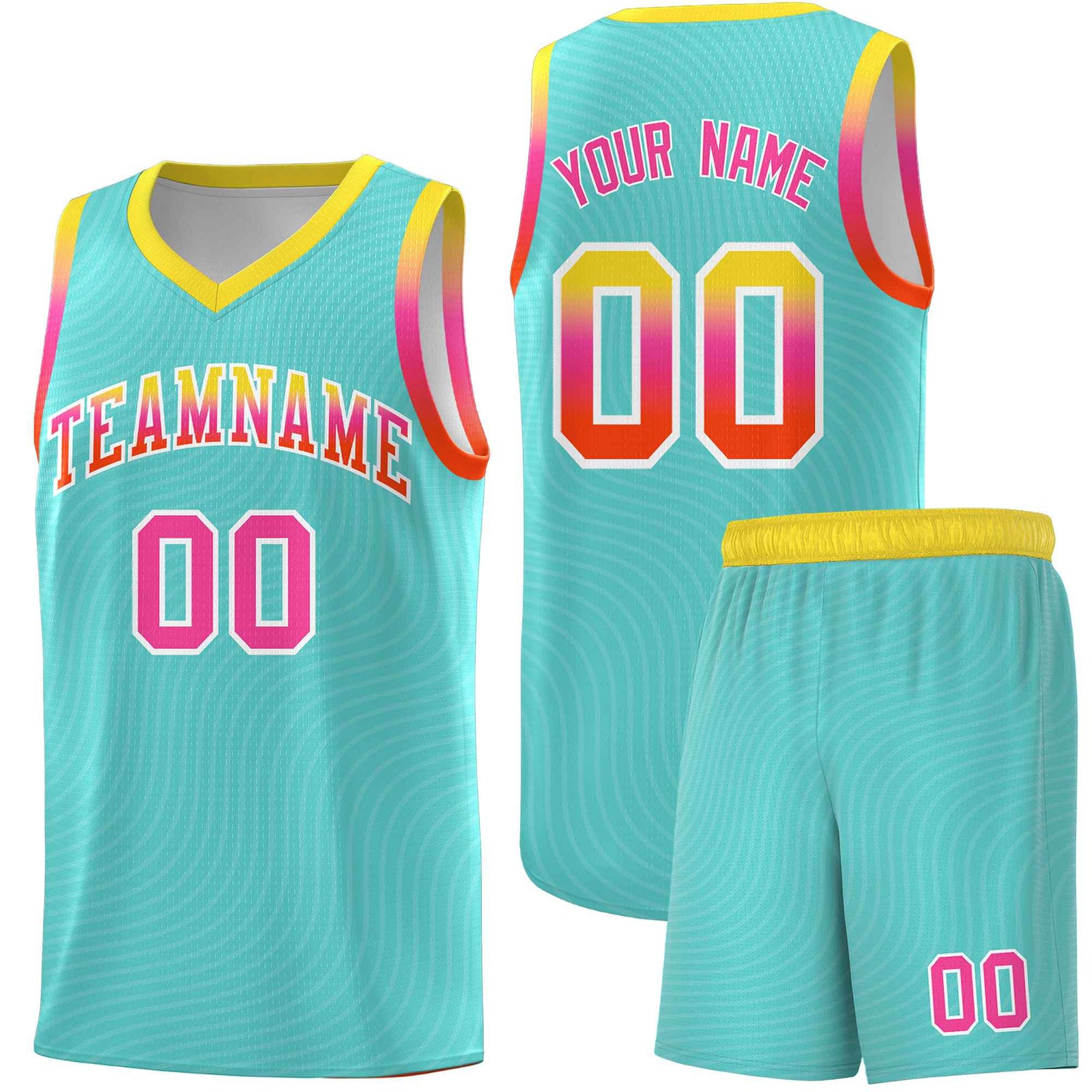 Custom Bright Green Gold Wave Pattern Sports Uniform Basketball Kits