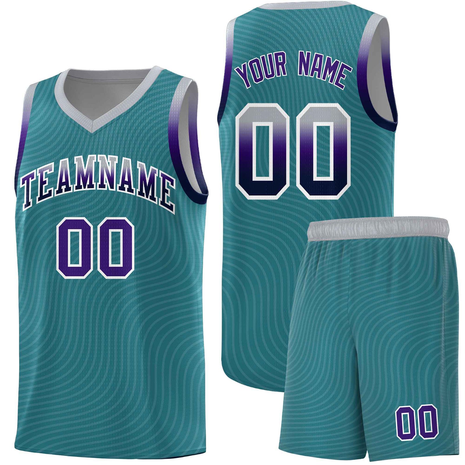 Custom Teal Gray Wave Pattern Sports Uniform Basketball Kits
