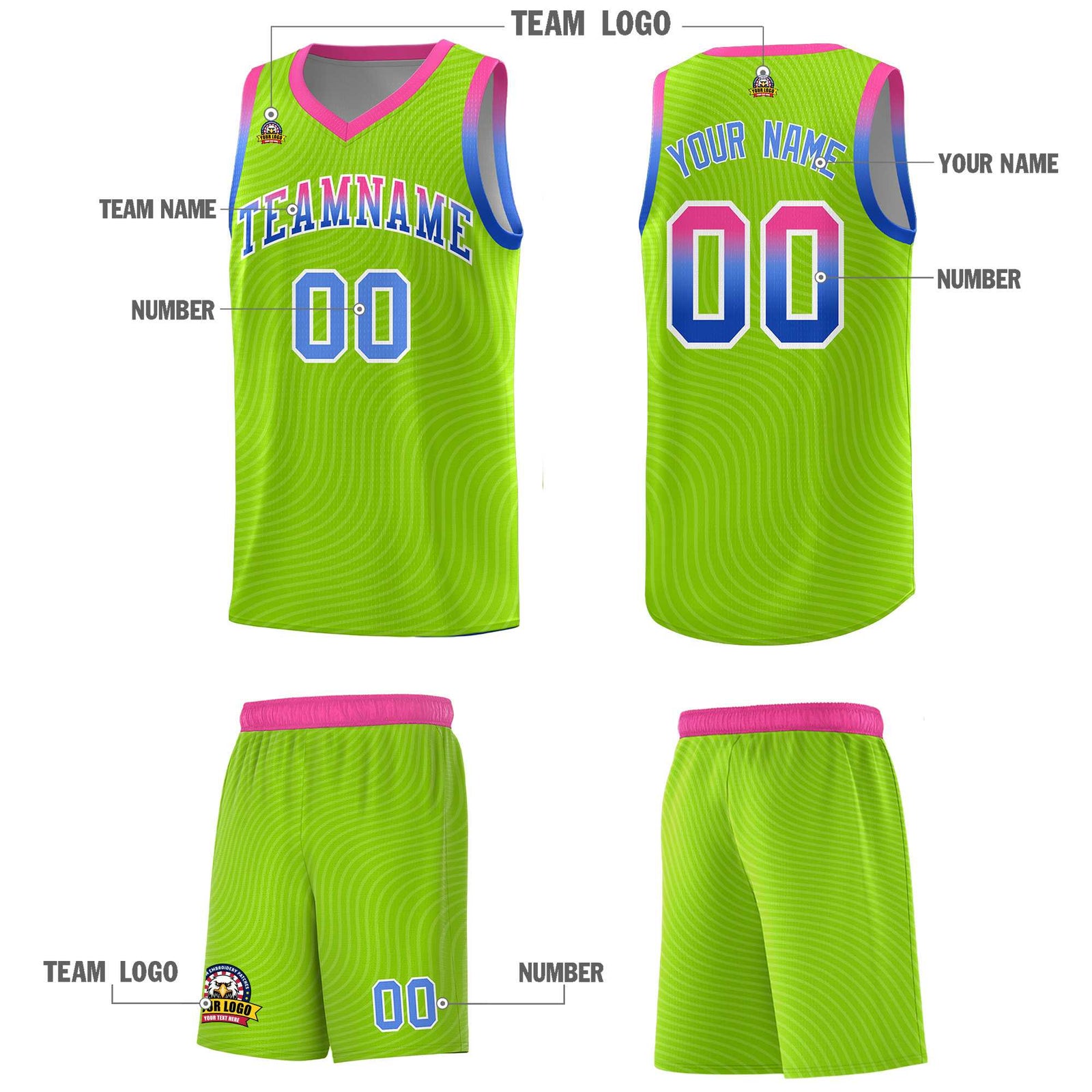 Custom Neon Green Pink Wave Pattern Sports Uniform Basketball Kits