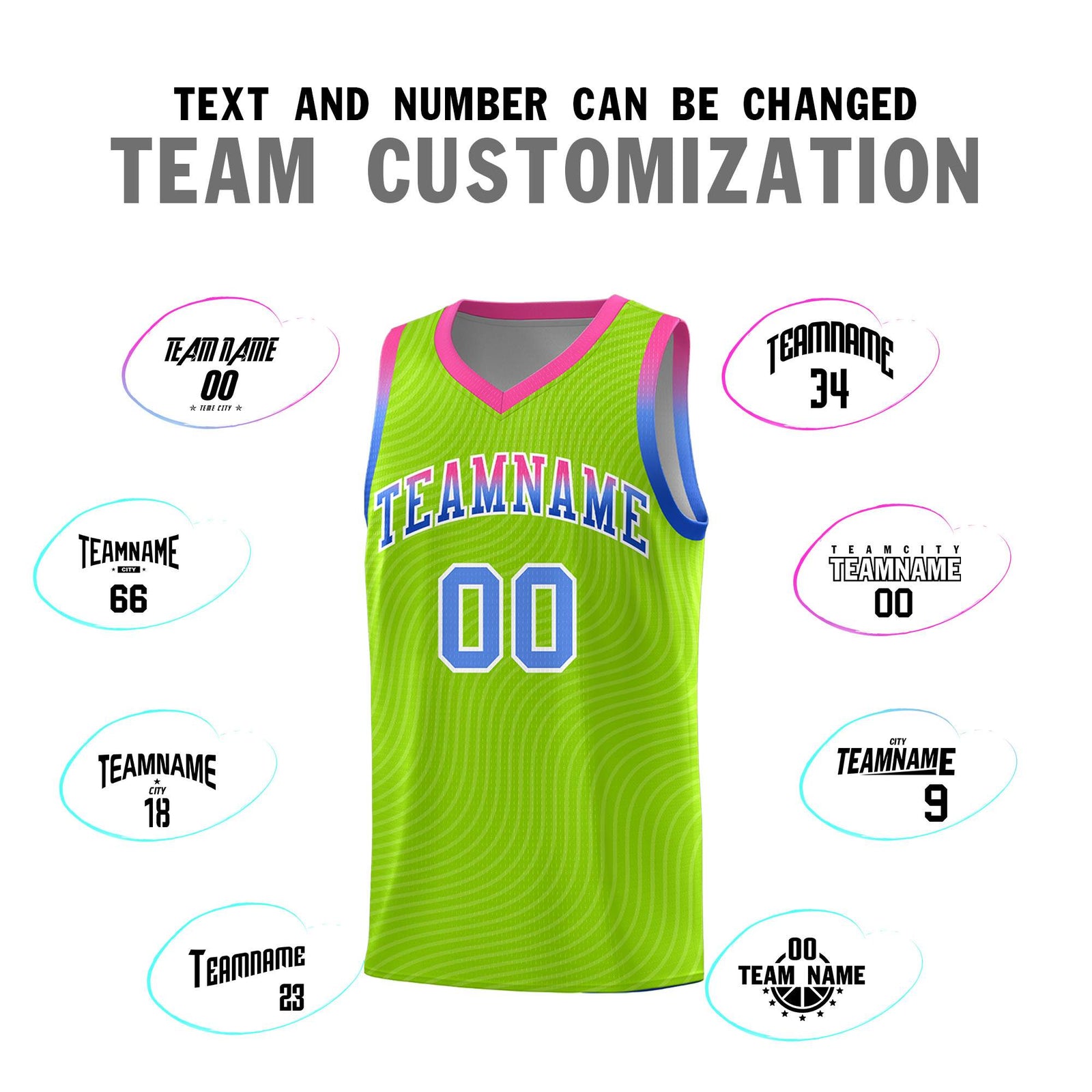 Custom Neon Green Pink Wave Pattern Sports Uniform Basketball Kits