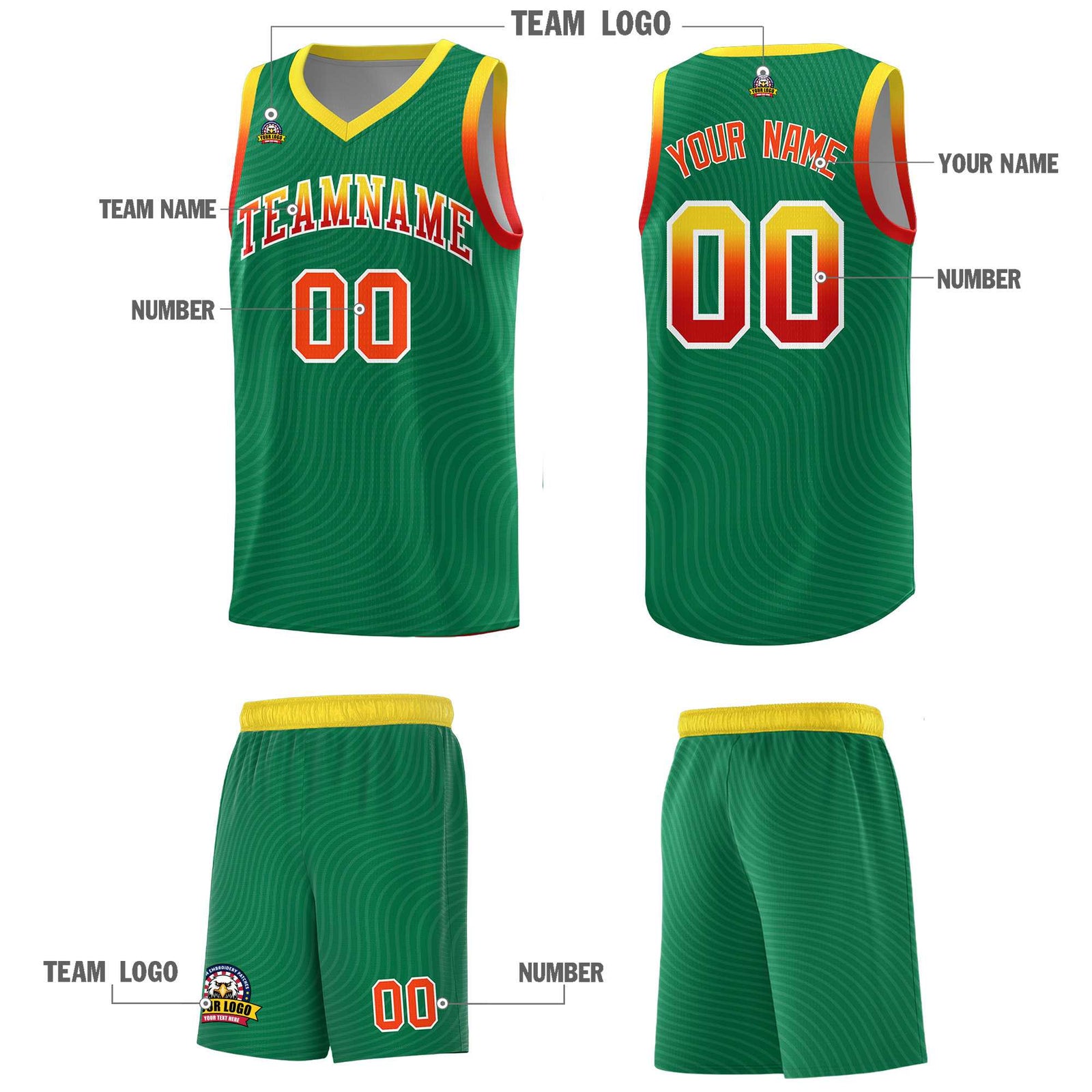Custom Kelly Green Gold Wave Pattern Sports Uniform Basketball Kits
