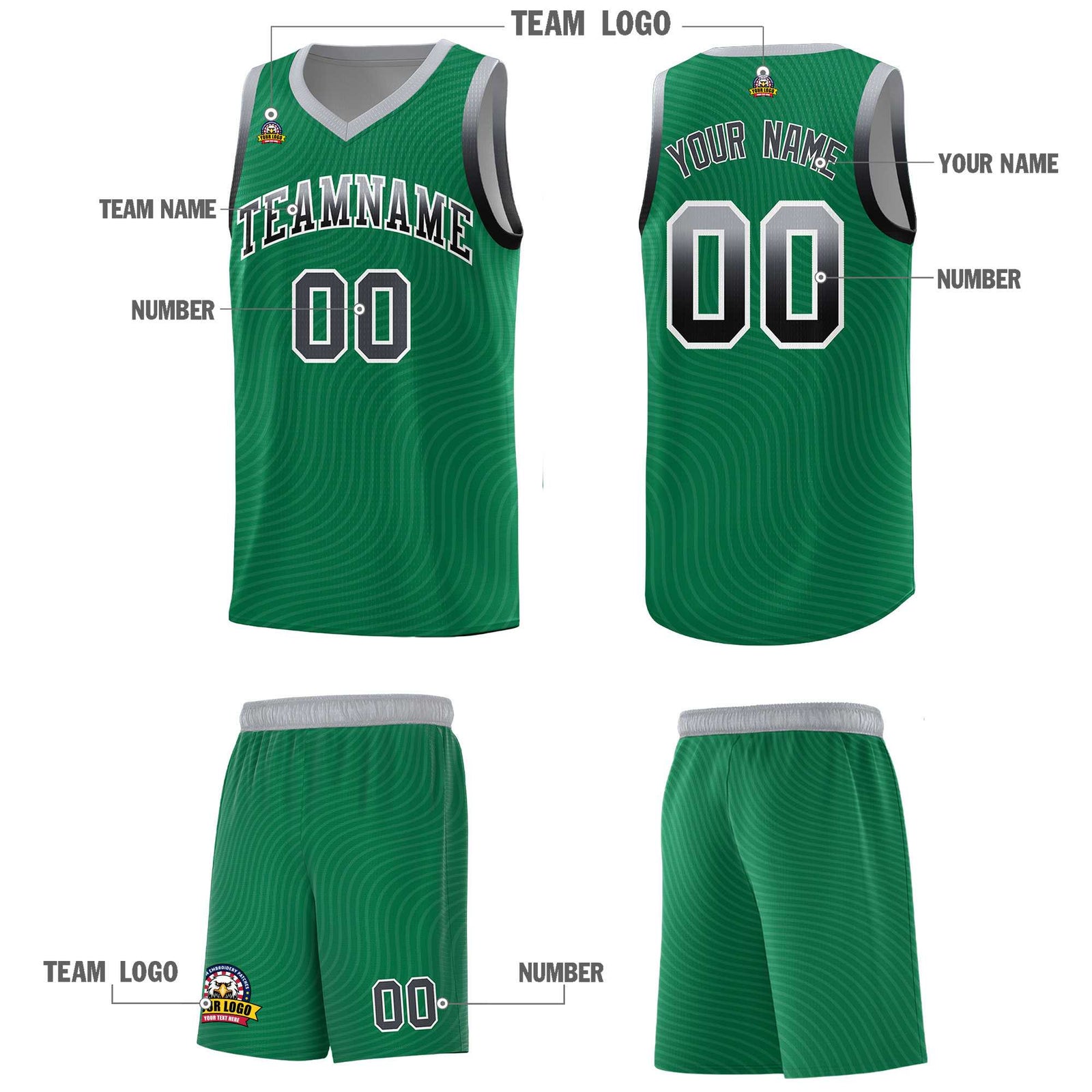 Custom Kelly Green Gray Wave Pattern Sports Uniform Basketball Kits