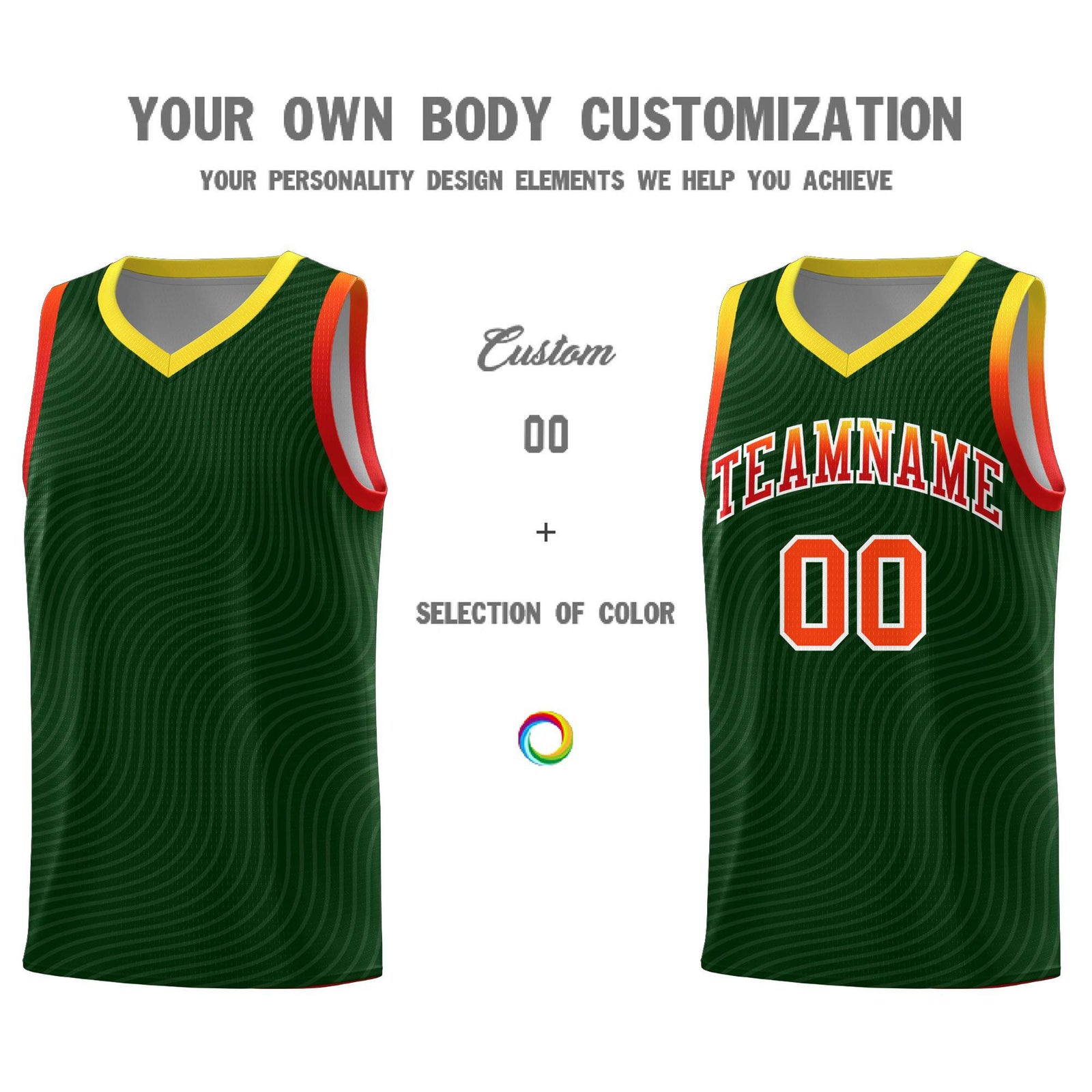 Custom Hunter Green Gold Wave Pattern Sports Uniform Basketball Kits