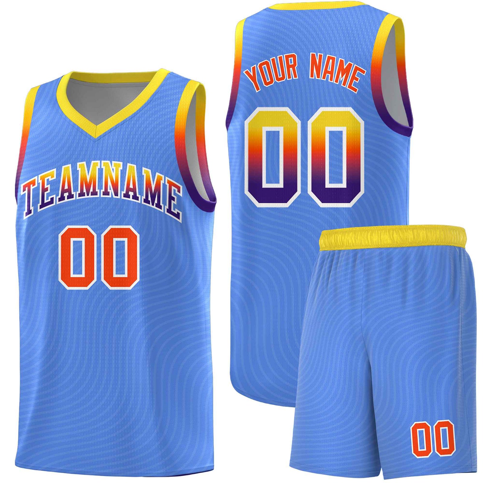 Custom Light Blue Gold Wave Pattern Sports Uniform Basketball Kits