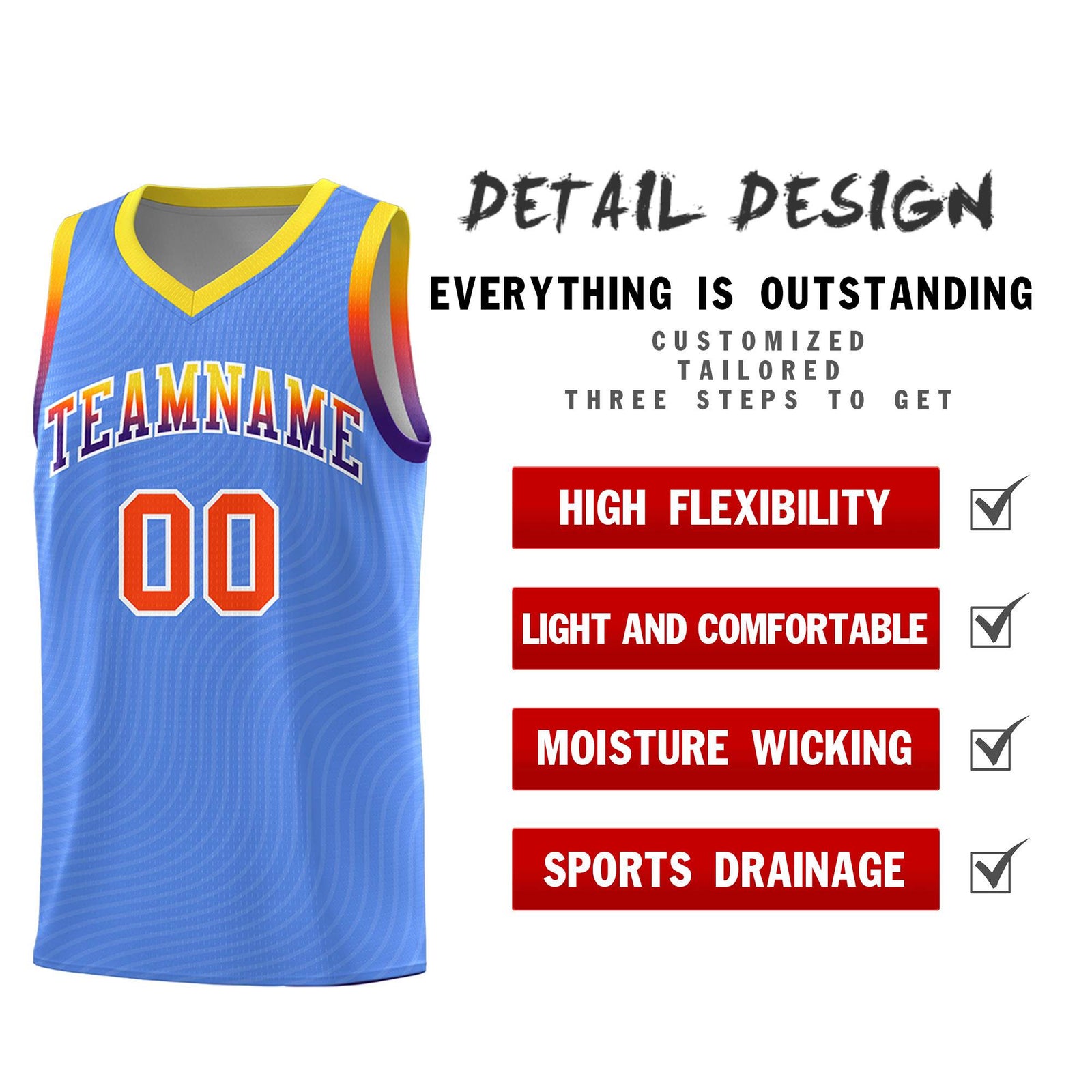 Custom Light Blue Gold Wave Pattern Sports Uniform Basketball Kits