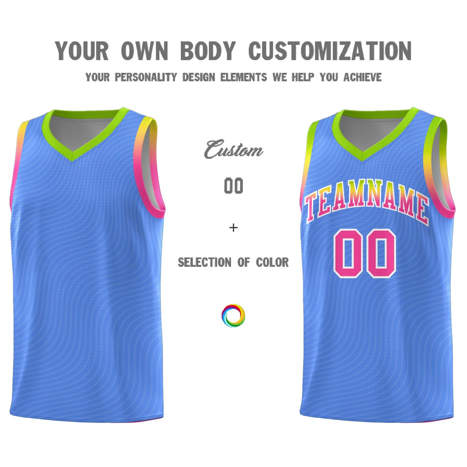 Custom Light Blue Neon Green Wave Pattern Sports Uniform Basketball Kits