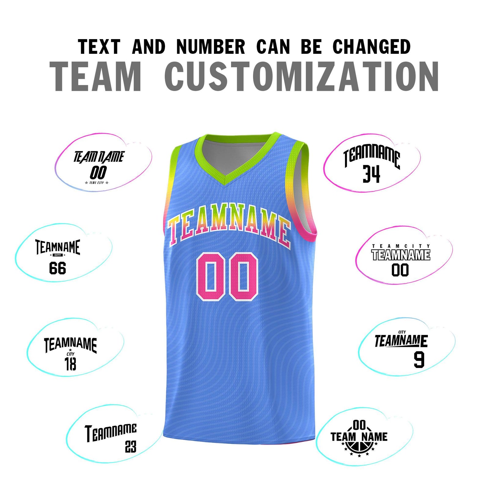 Custom Light Blue Neon Green Wave Pattern Sports Uniform Basketball Kits