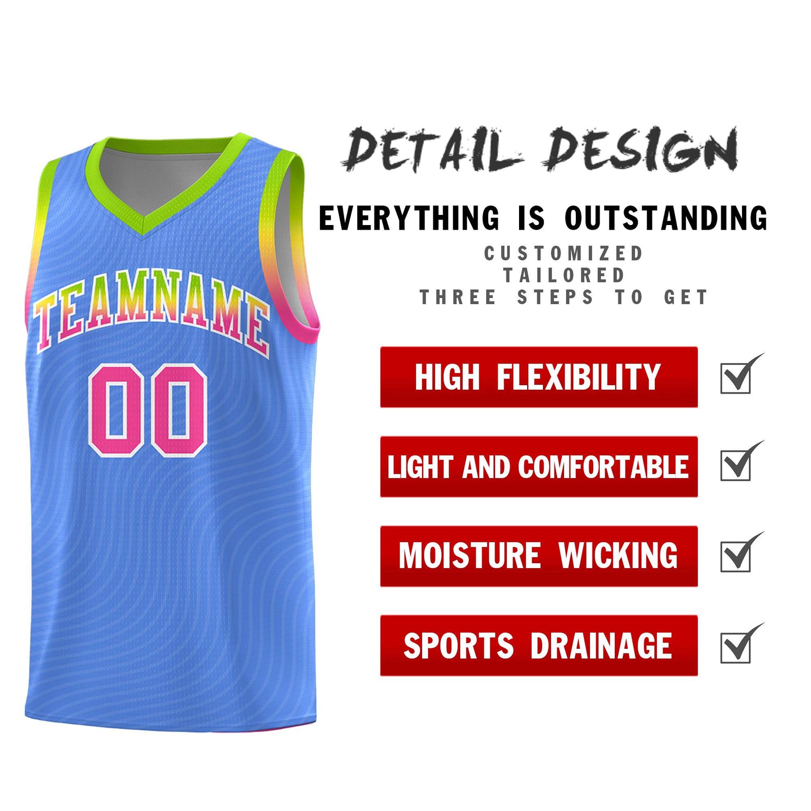 Custom Light Blue Neon Green Wave Pattern Sports Uniform Basketball Kits