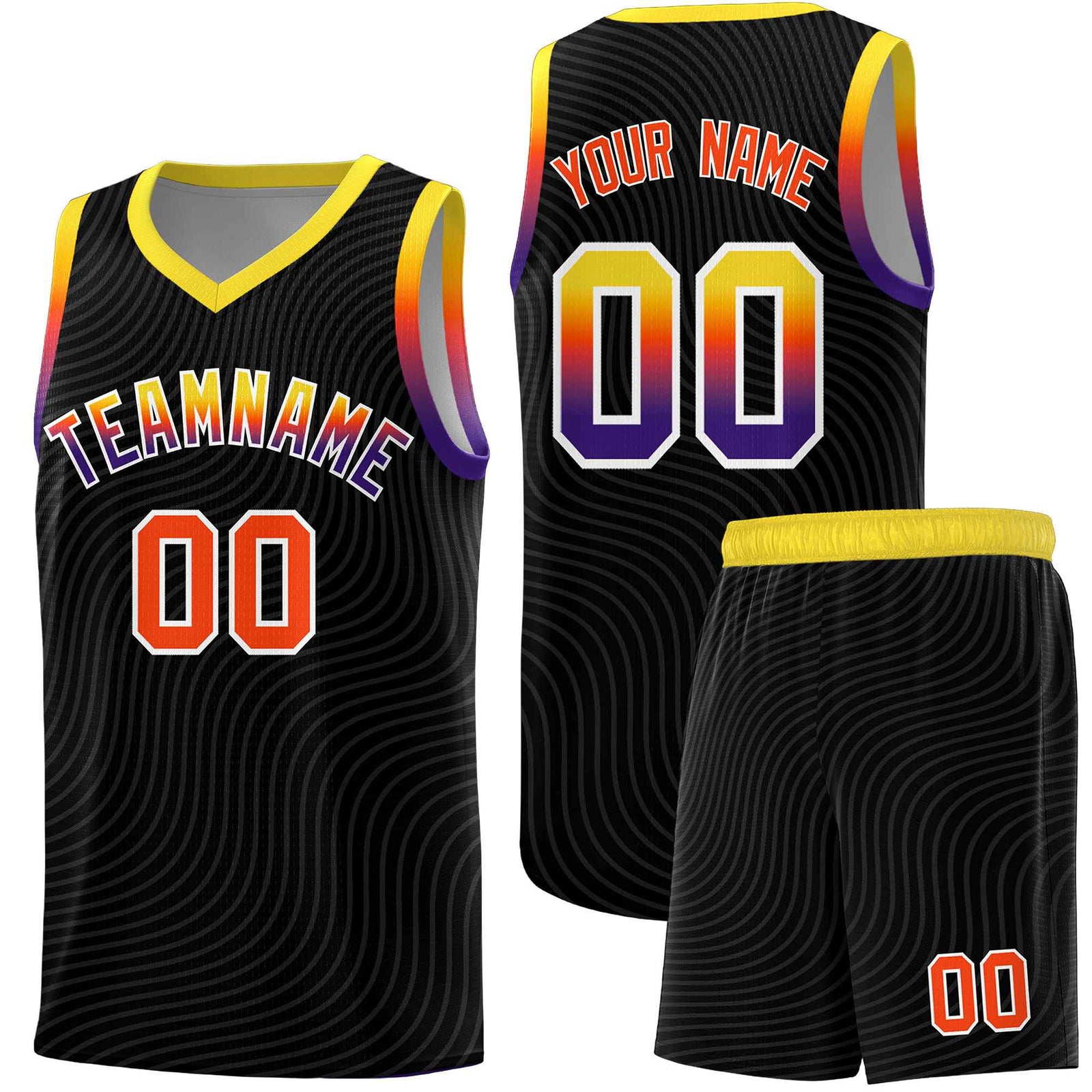 Custom Black Gold Wave Pattern Sports Uniform Basketball Kits