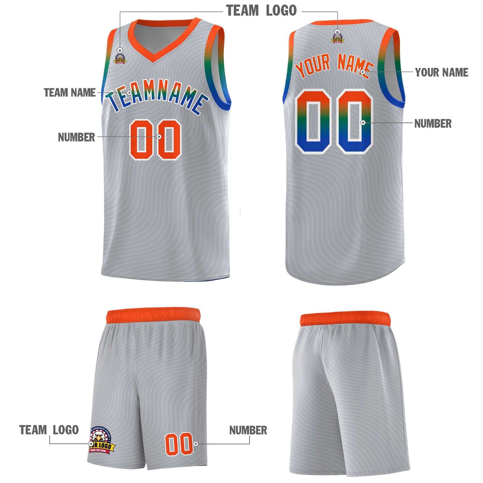 Custom Gray Orange Wave Pattern Sports Uniform Basketball Kits