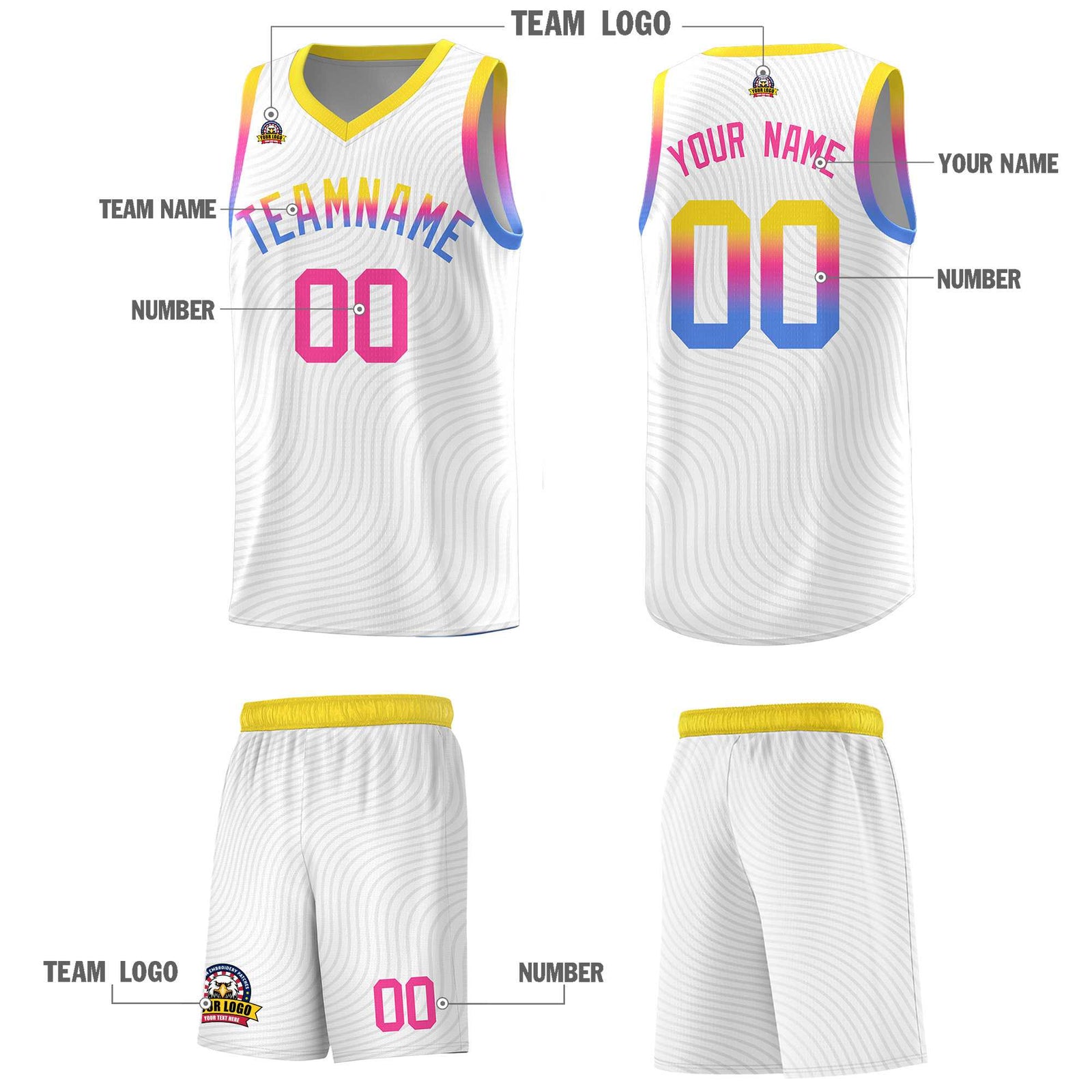 Custom White Gold Wave Pattern Sports Uniform Basketball Kits