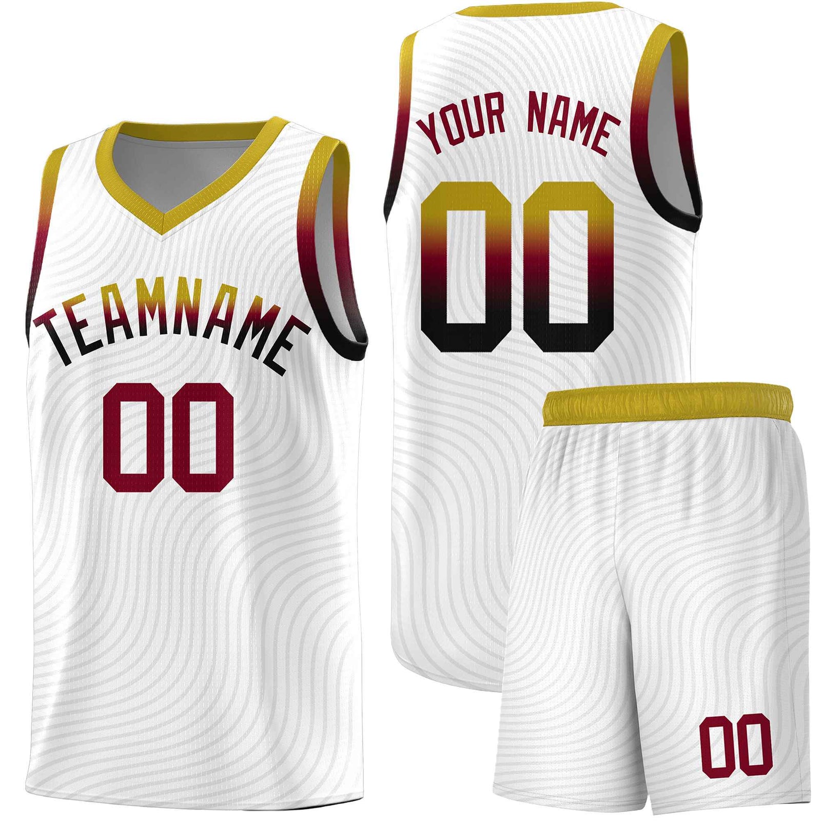 Custom White Old Gold Wave Pattern Sports Uniform Basketball Kits