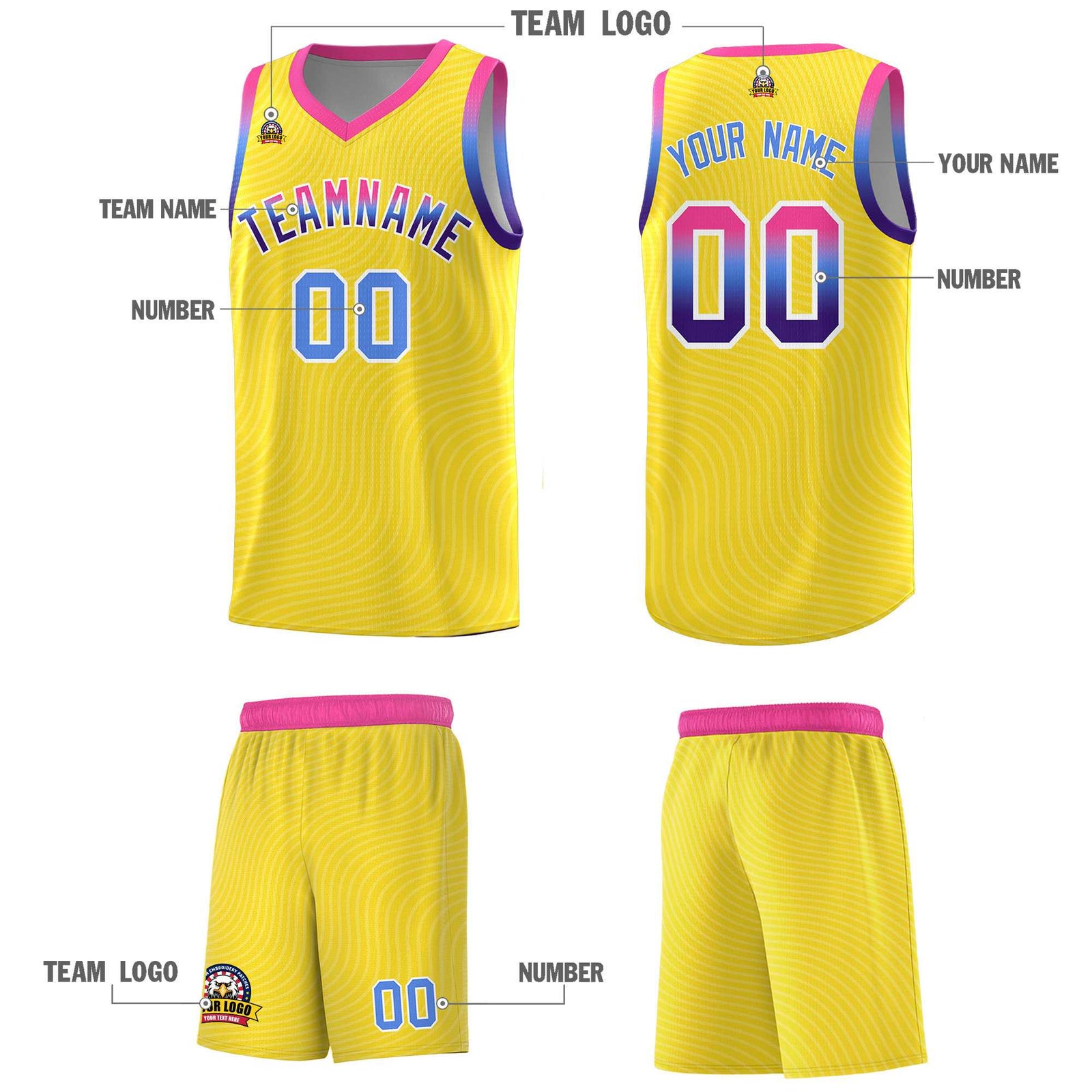 Custom Gold Pink Wave Pattern Sports Uniform Basketball Kits