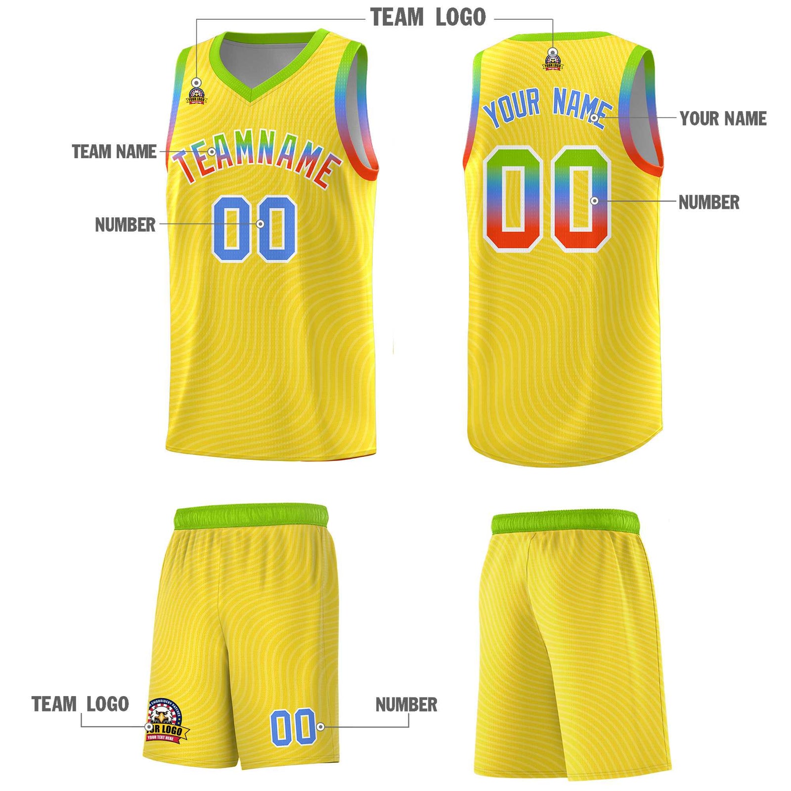 Custom Gold Neon Green Wave Pattern Sports Uniform Basketball Kits