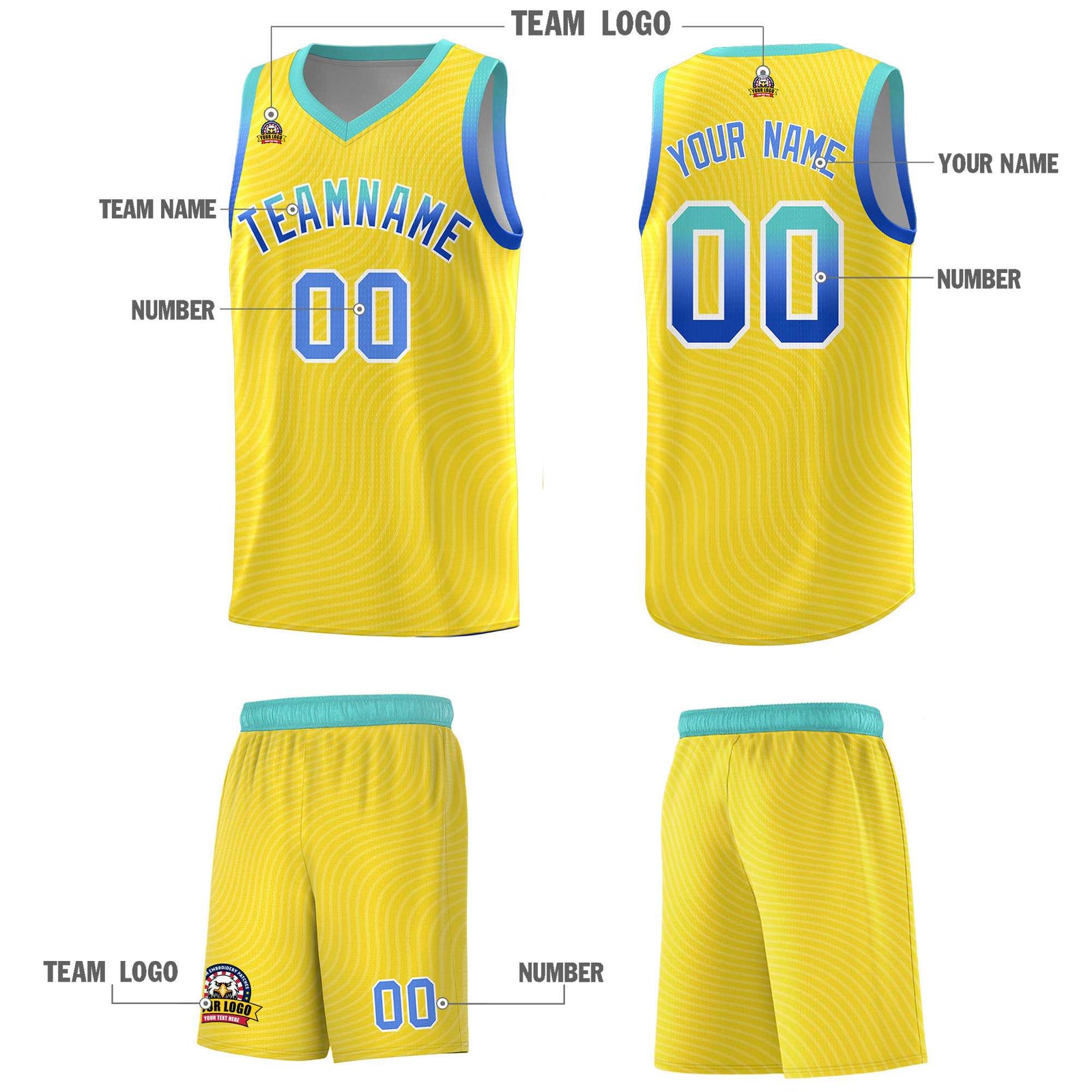 Custom Gold Bright Green Wave Pattern Sports Uniform Basketball Kits