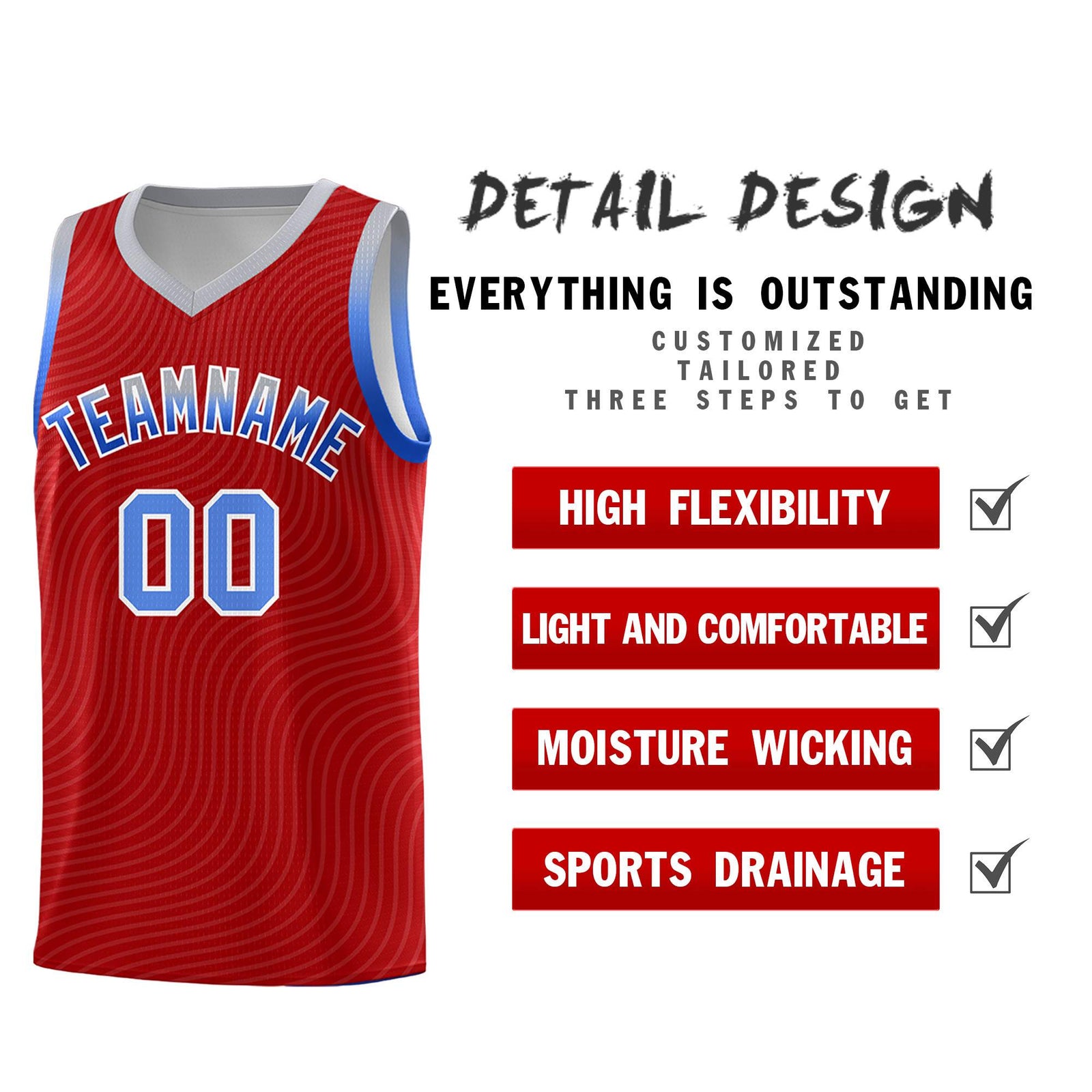 Custom Red Gray Wave Pattern Sports Uniform Basketball Kits