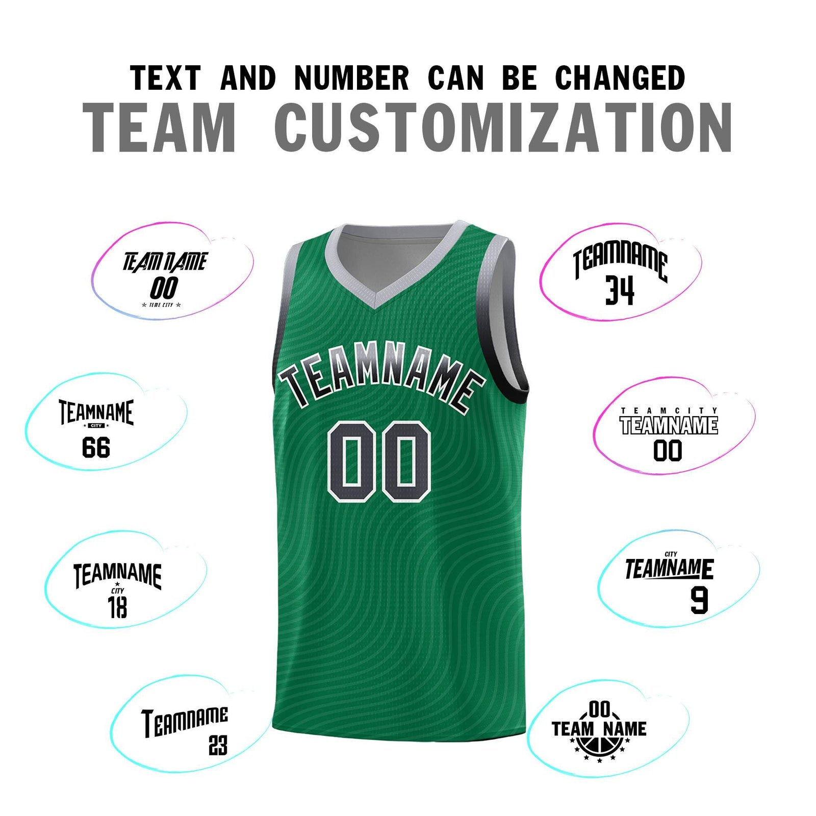 Custom Kelly Green Gray Wave Pattern Sports Uniform Basketball Kits
