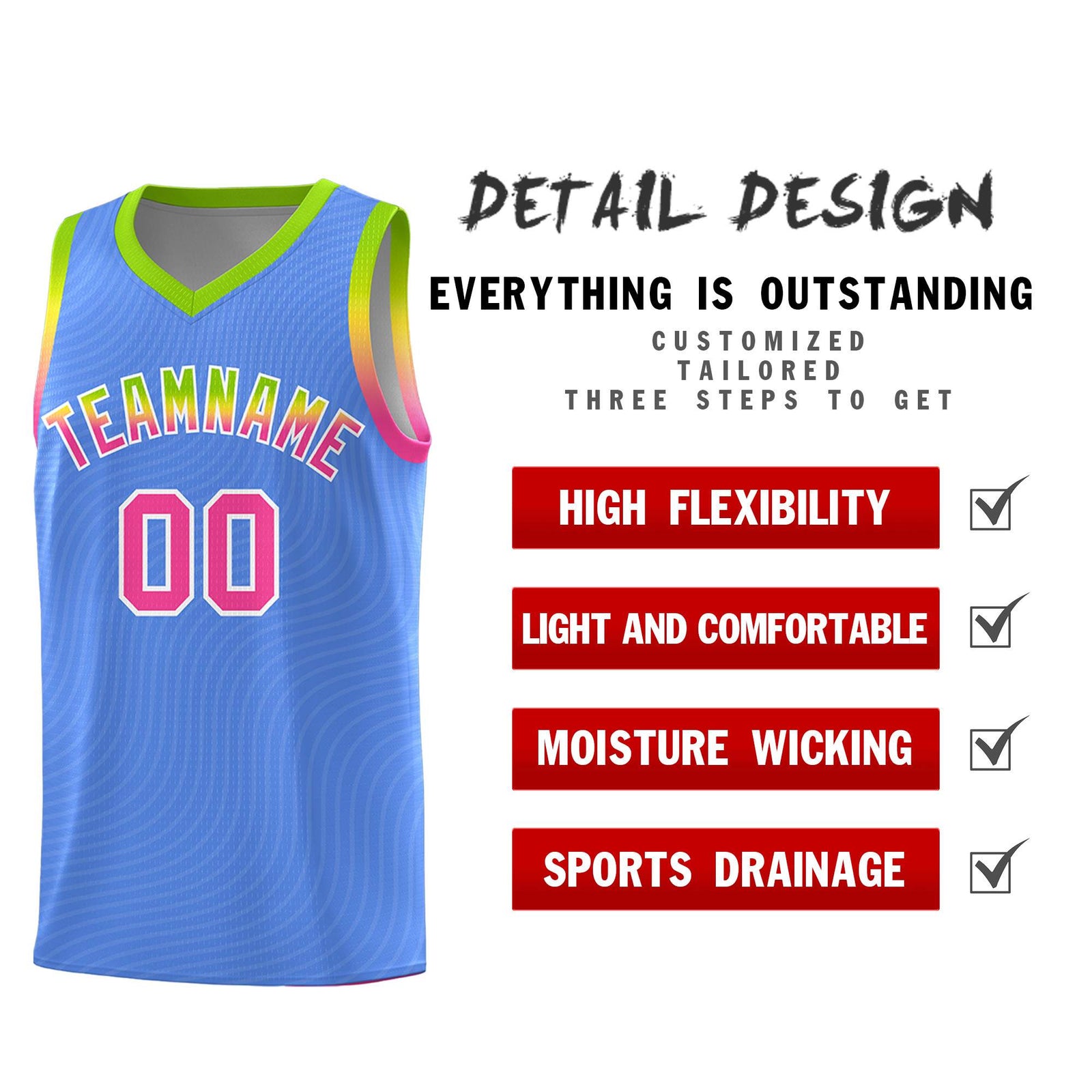 Custom Light Blue Neon Green Wave Pattern Sports Uniform Basketball Kits