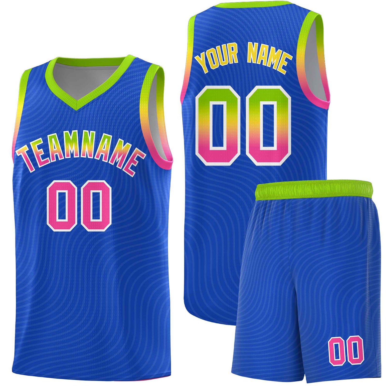 Custom Royal Blue Neon Green Wave Pattern Sports Uniform Basketball Kits
