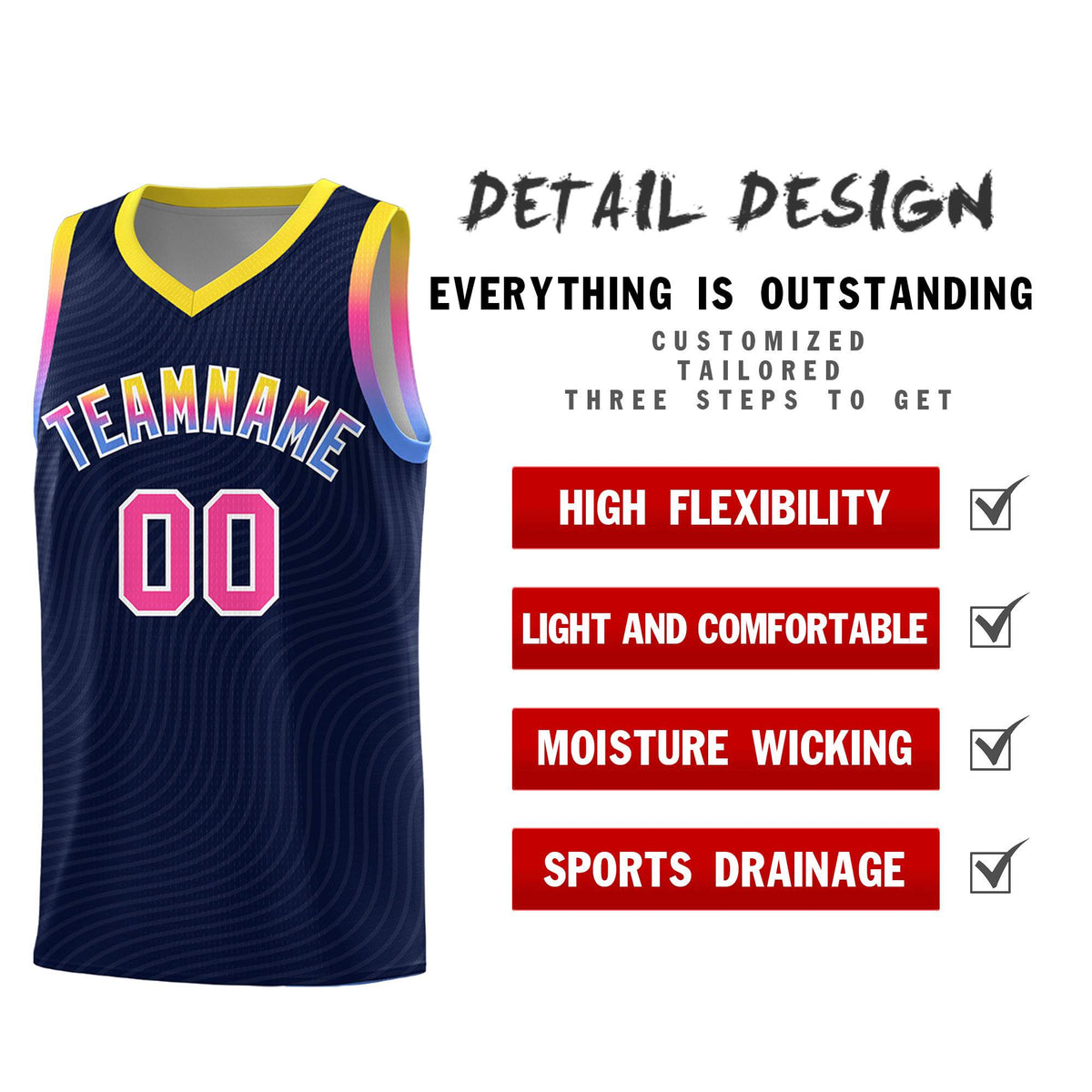 Custom Navy Gold Wave Pattern Sports Uniform Basketball Kits