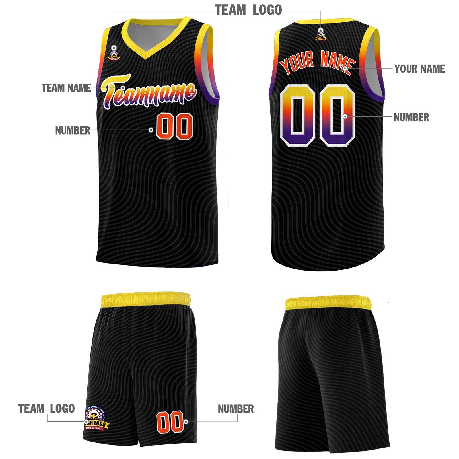 Custom Black Gold Wave Pattern Sports Uniform Basketball Kits