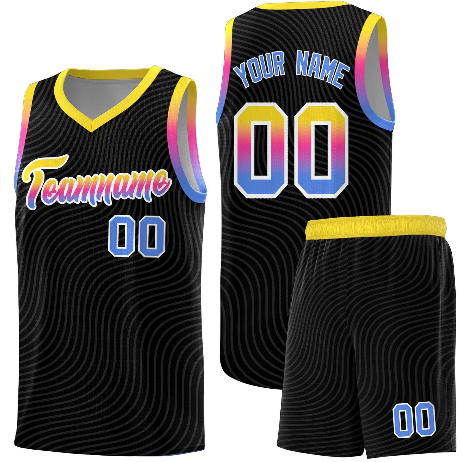 Custom Black Gold Wave Pattern Sports Uniform Basketball Kits