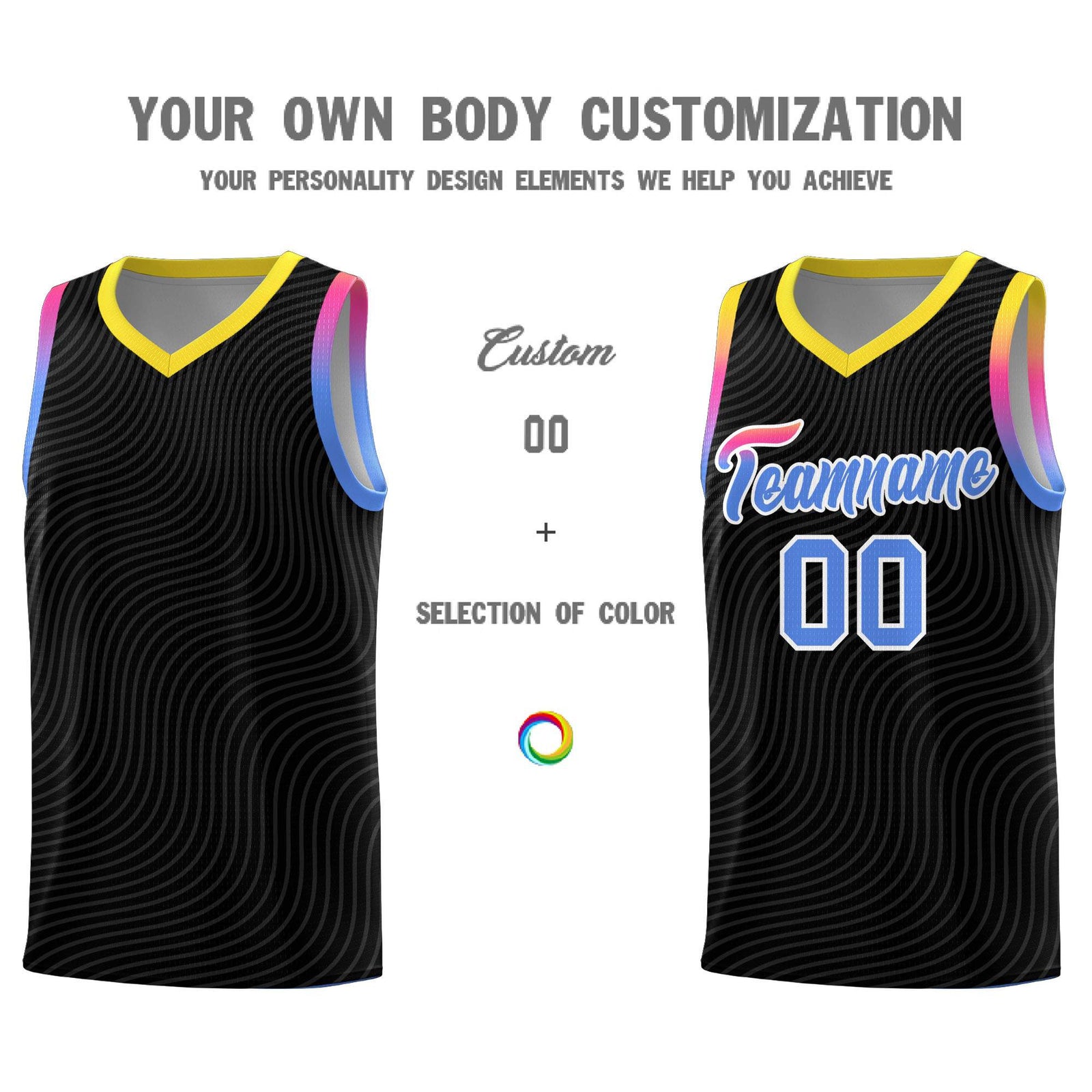 Custom Black Gold Wave Pattern Sports Uniform Basketball Kits