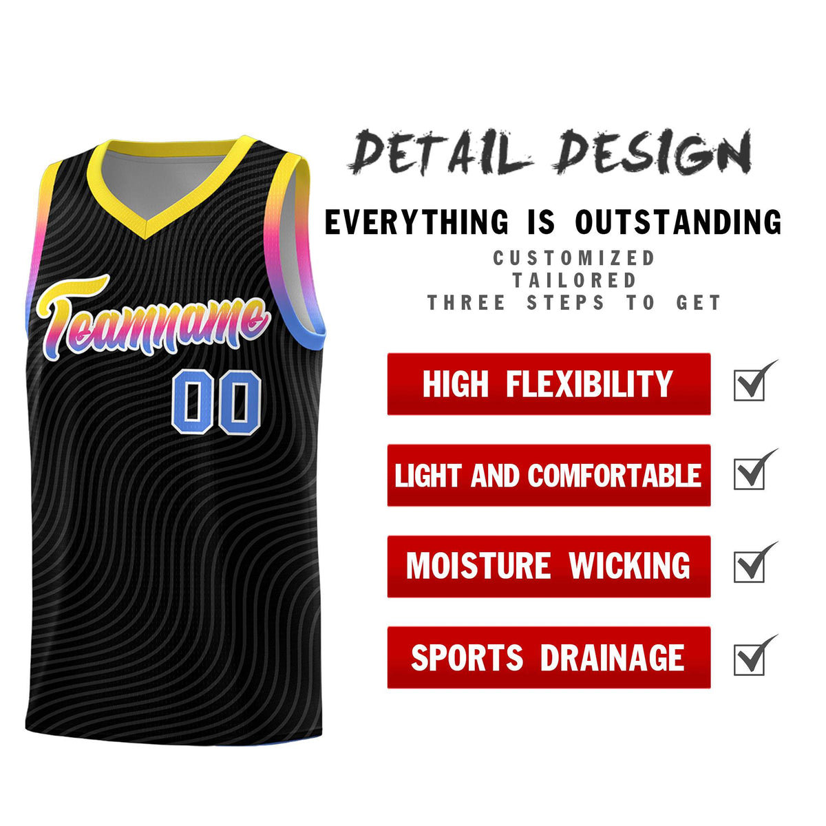 Custom Black Gold Wave Pattern Sports Uniform Basketball Kits