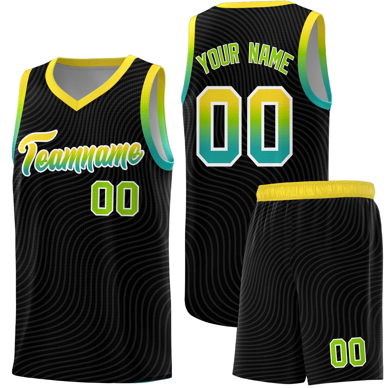 Custom Black Gold Wave Pattern Sports Uniform Basketball Kits