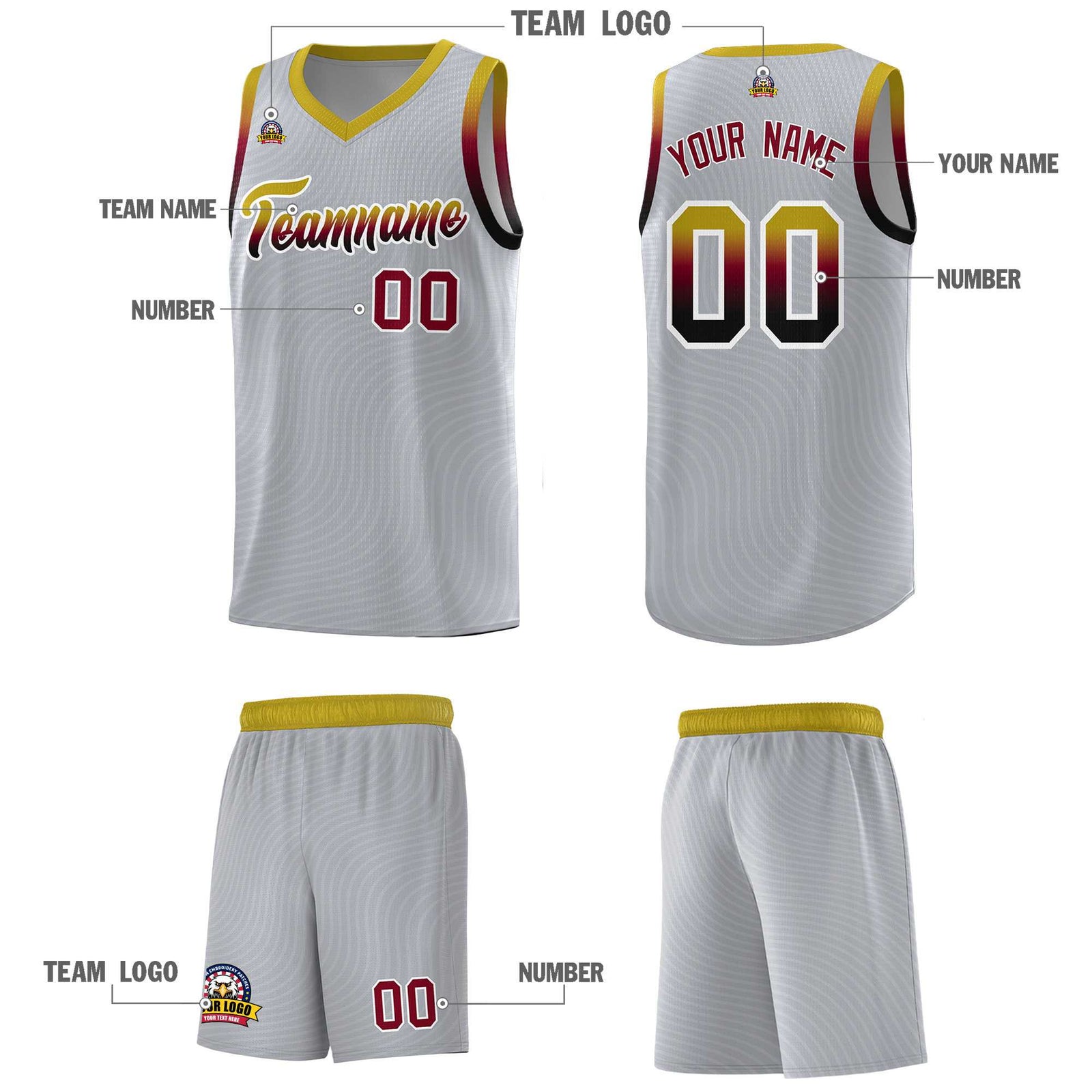 Custom Gray Old Gold Wave Pattern Sports Uniform Basketball Kits