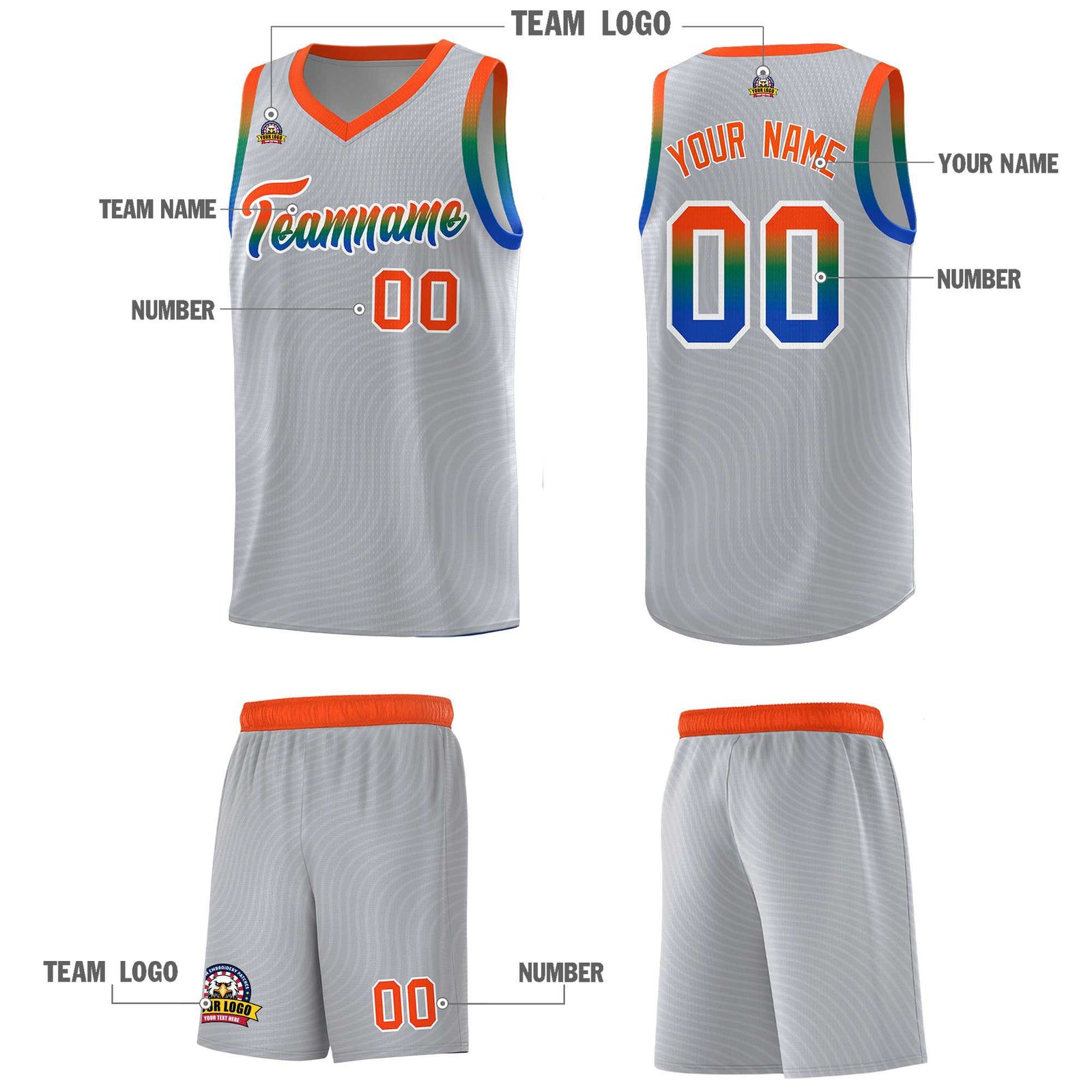 Custom Gray Orange Wave Pattern Sports Uniform Basketball Kits