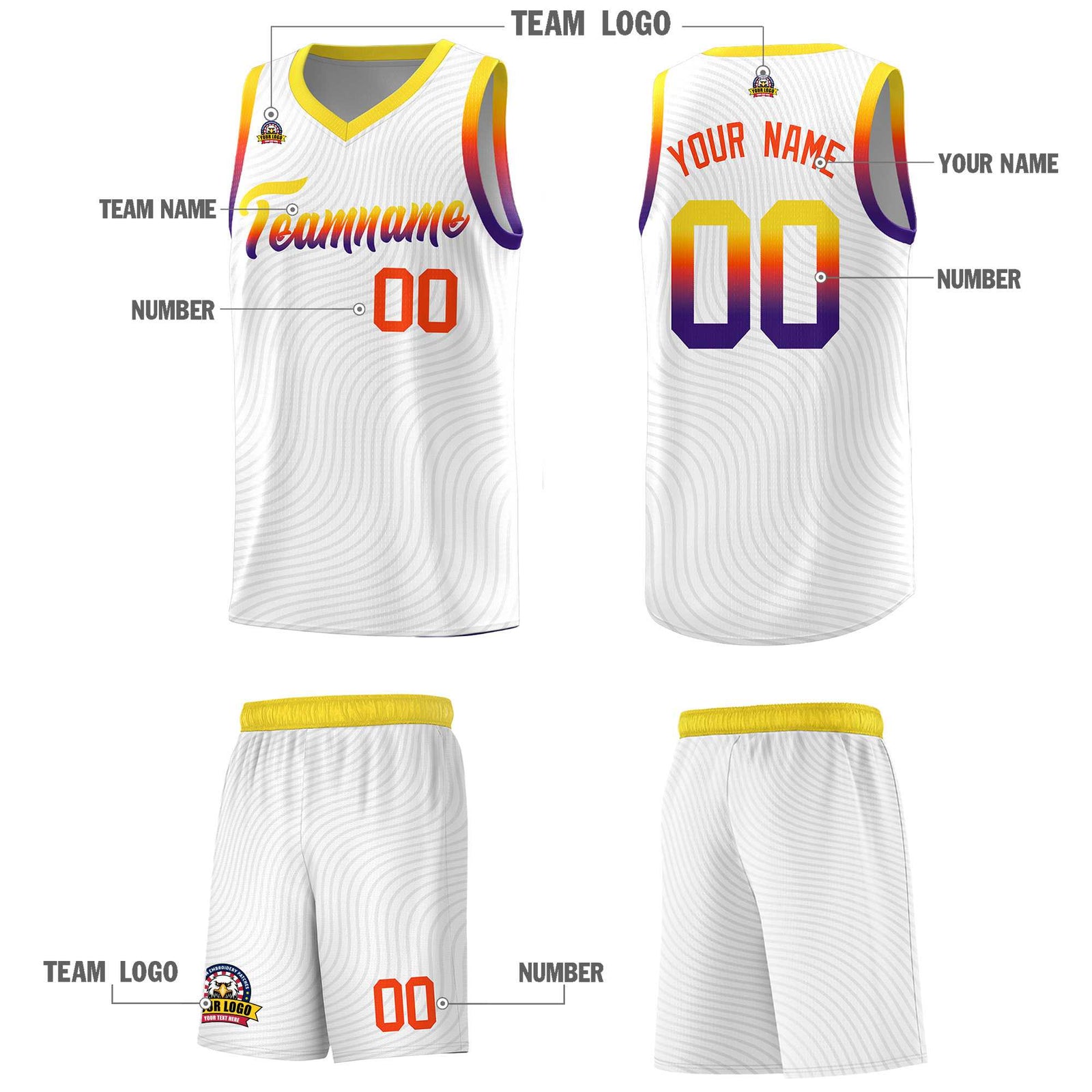 Custom White Gold Wave Pattern Sports Uniform Basketball Kits