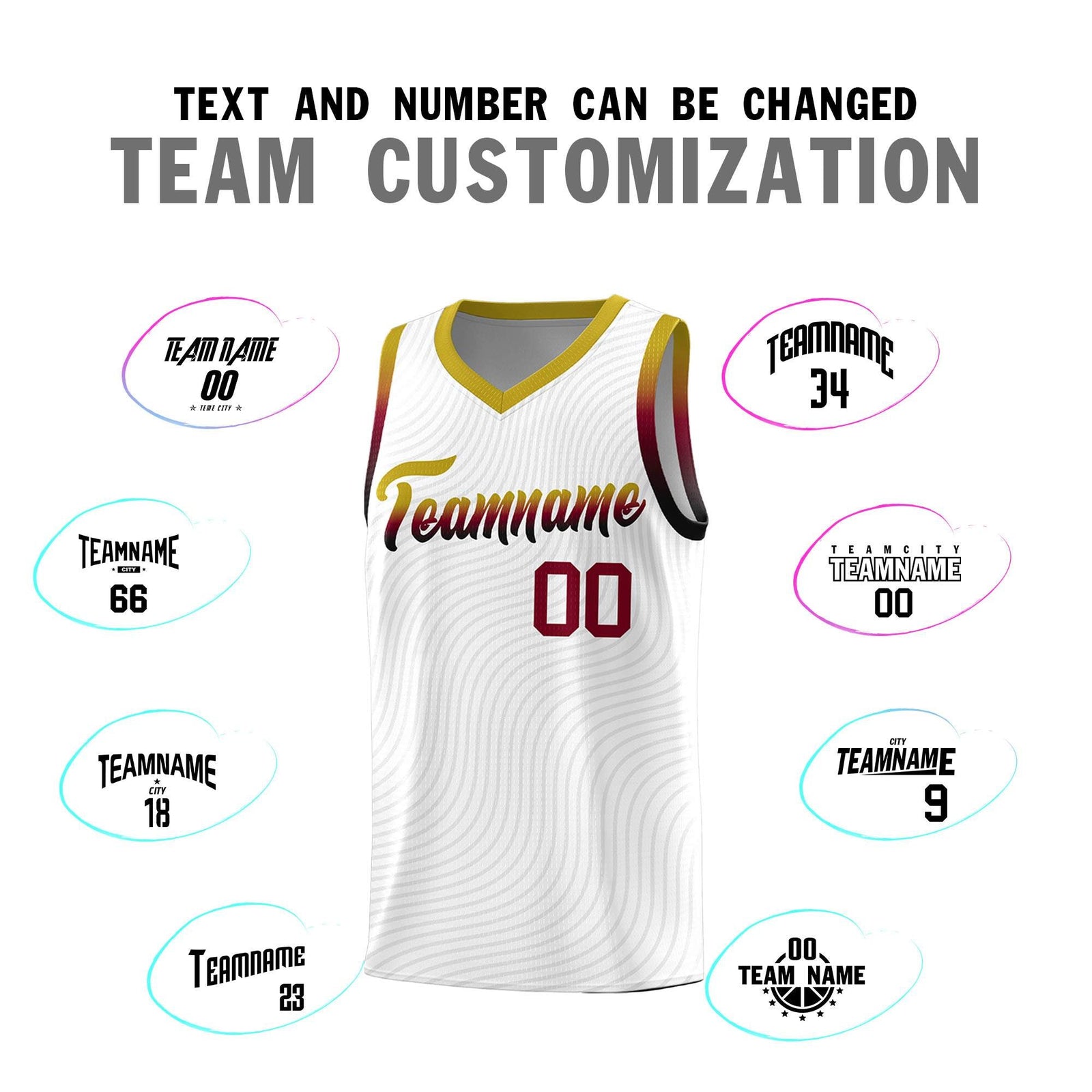 Custom White Old Gold Wave Pattern Sports Uniform Basketball Kits