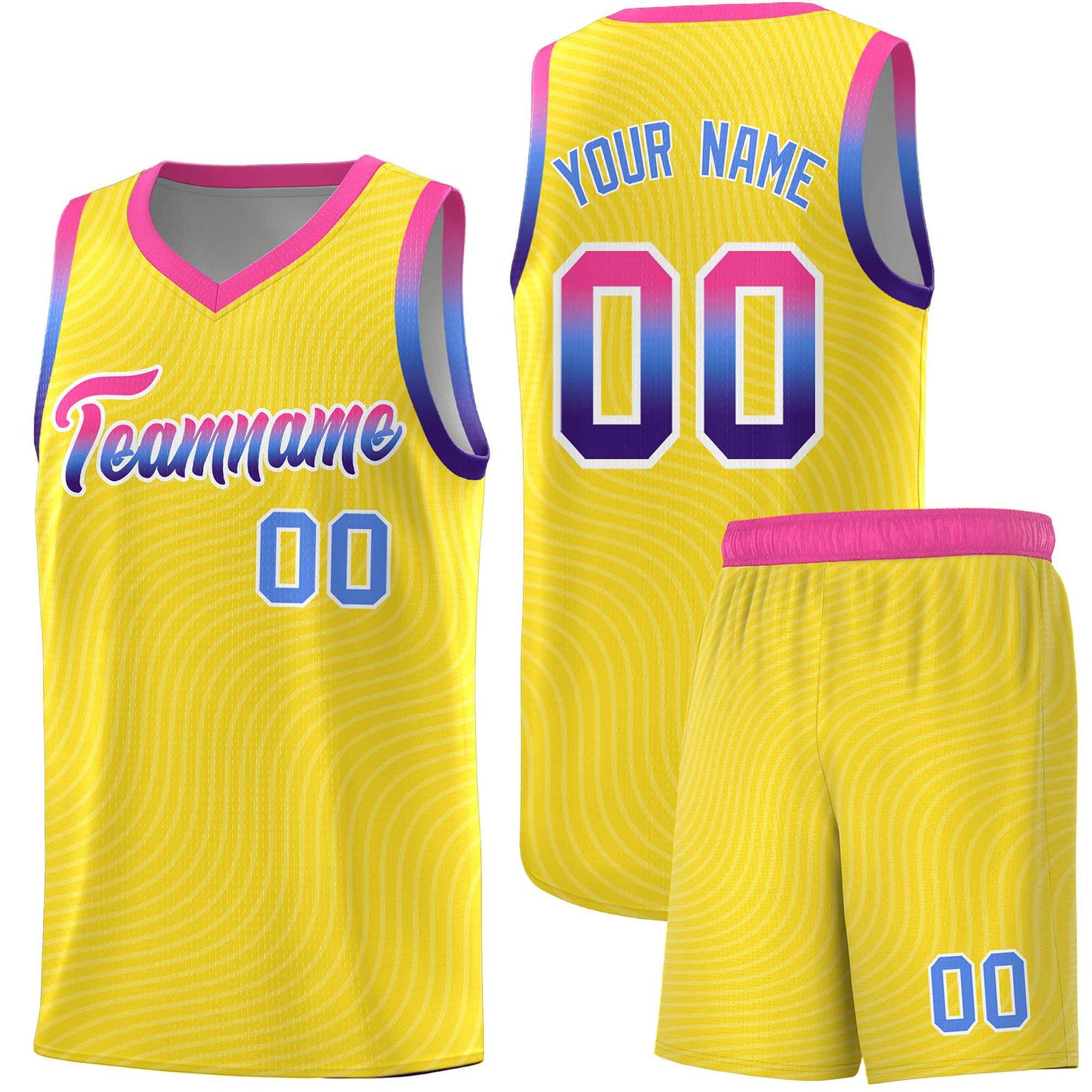 Custom Gold Pink Wave Pattern Sports Uniform Basketball Kits