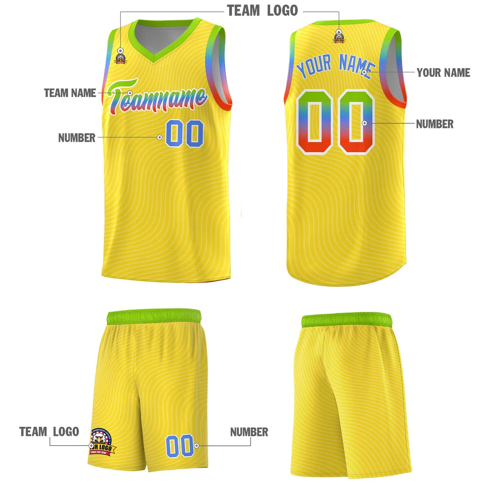 Custom Gold Neon Green Wave Pattern Sports Uniform Basketball Kits