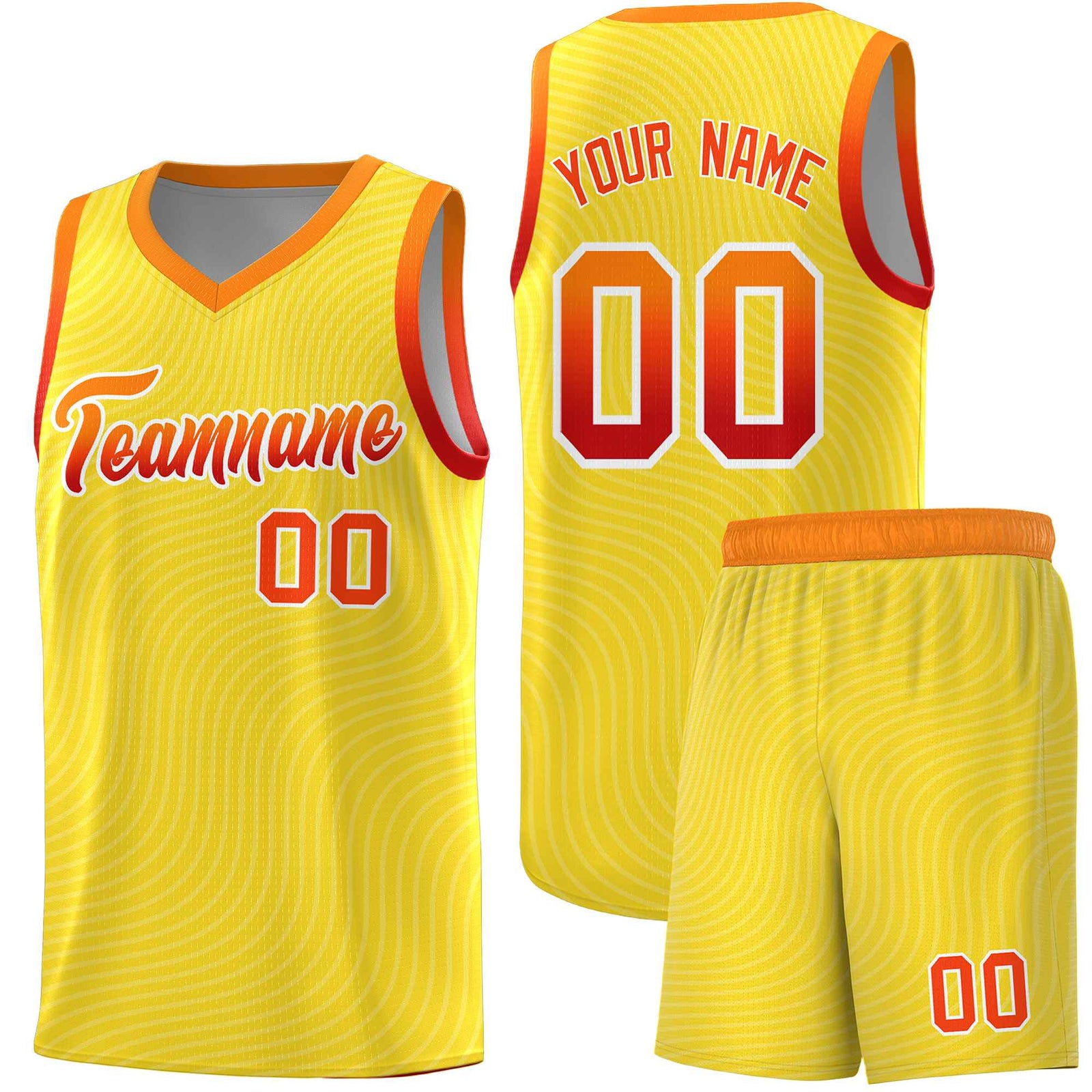 Custom Gold Orange Wave Pattern Sports Uniform Basketball Kits